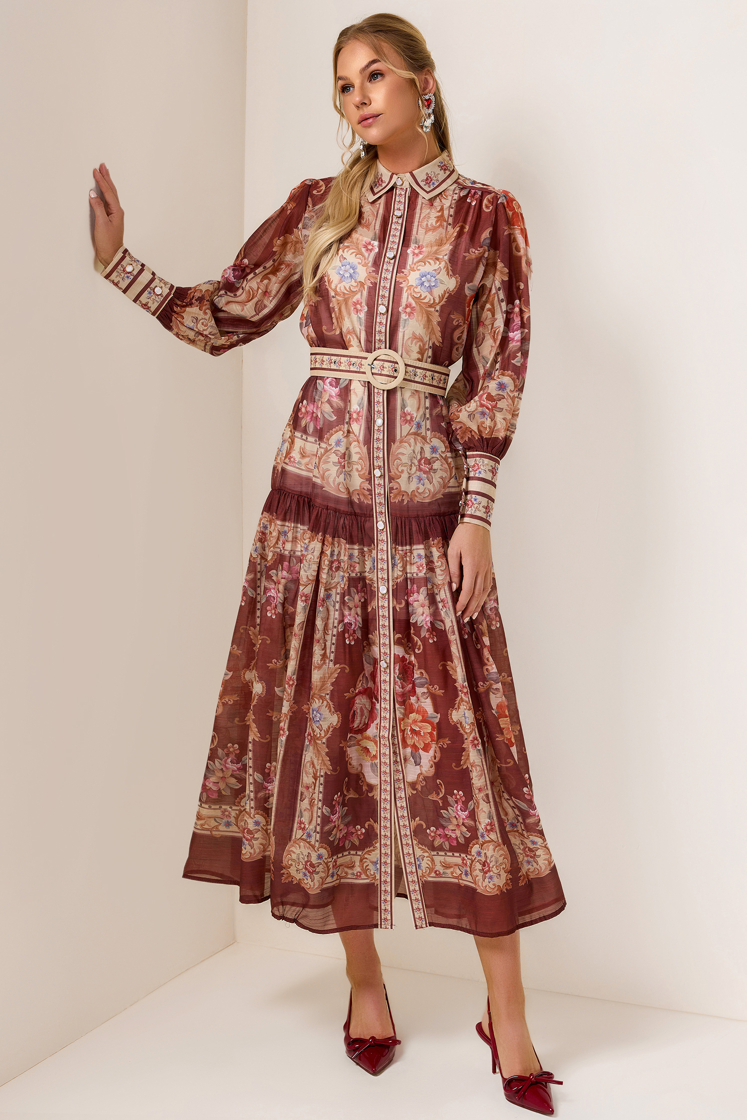 Palace Print Flapped Lantern Sleeve Midi Dress