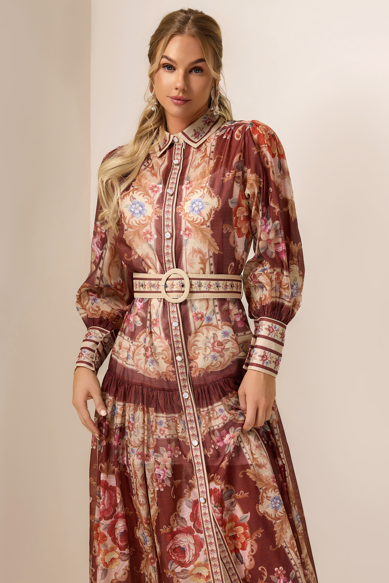 Palace Print Flapped Lantern Sleeve Midi Dress