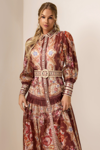 Palace Print Flapped Lantern Sleeve Midi Dress