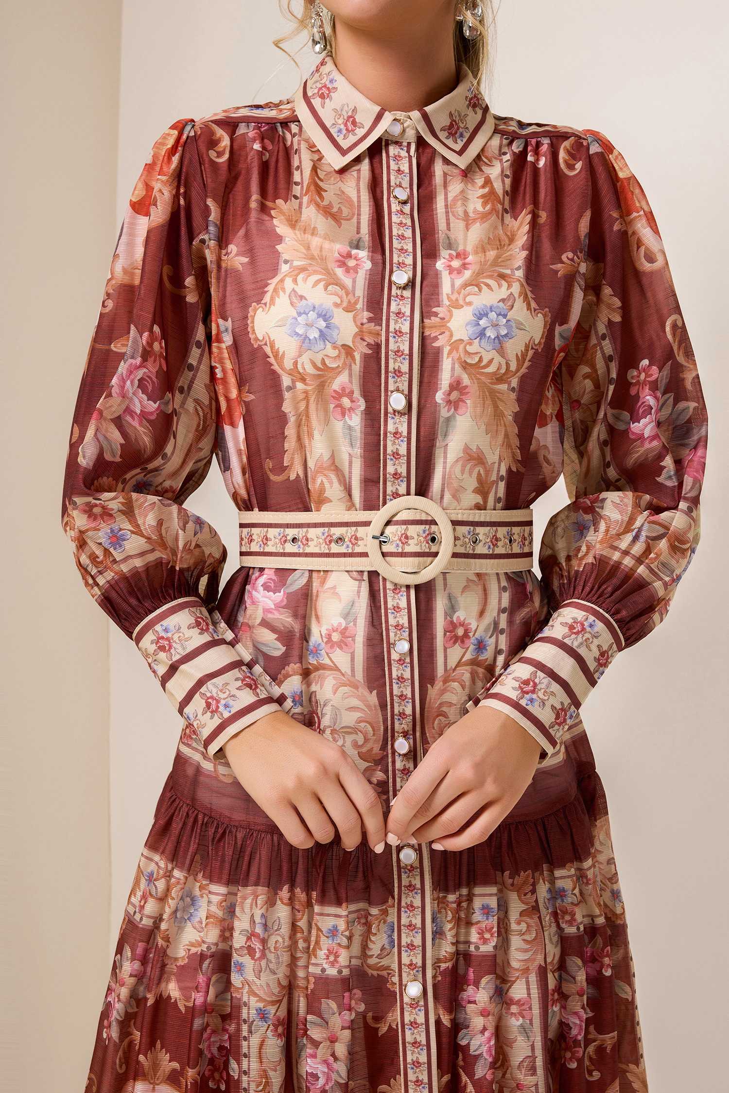 Palace Print Flapped Lantern Sleeve Midi Dress