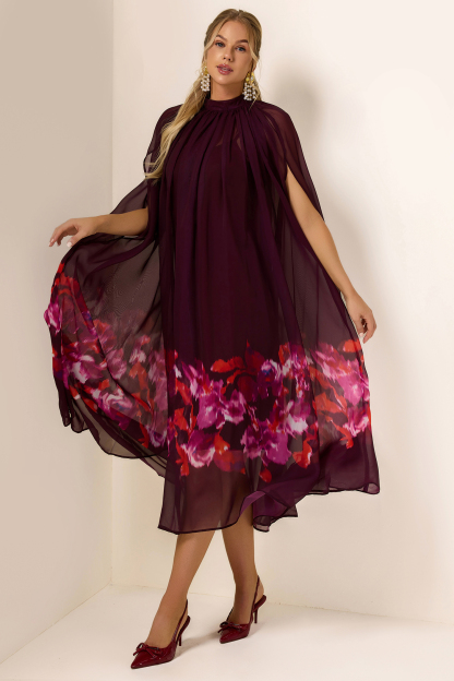 Floral Cape Sleeve Low Neck Maxi Dress