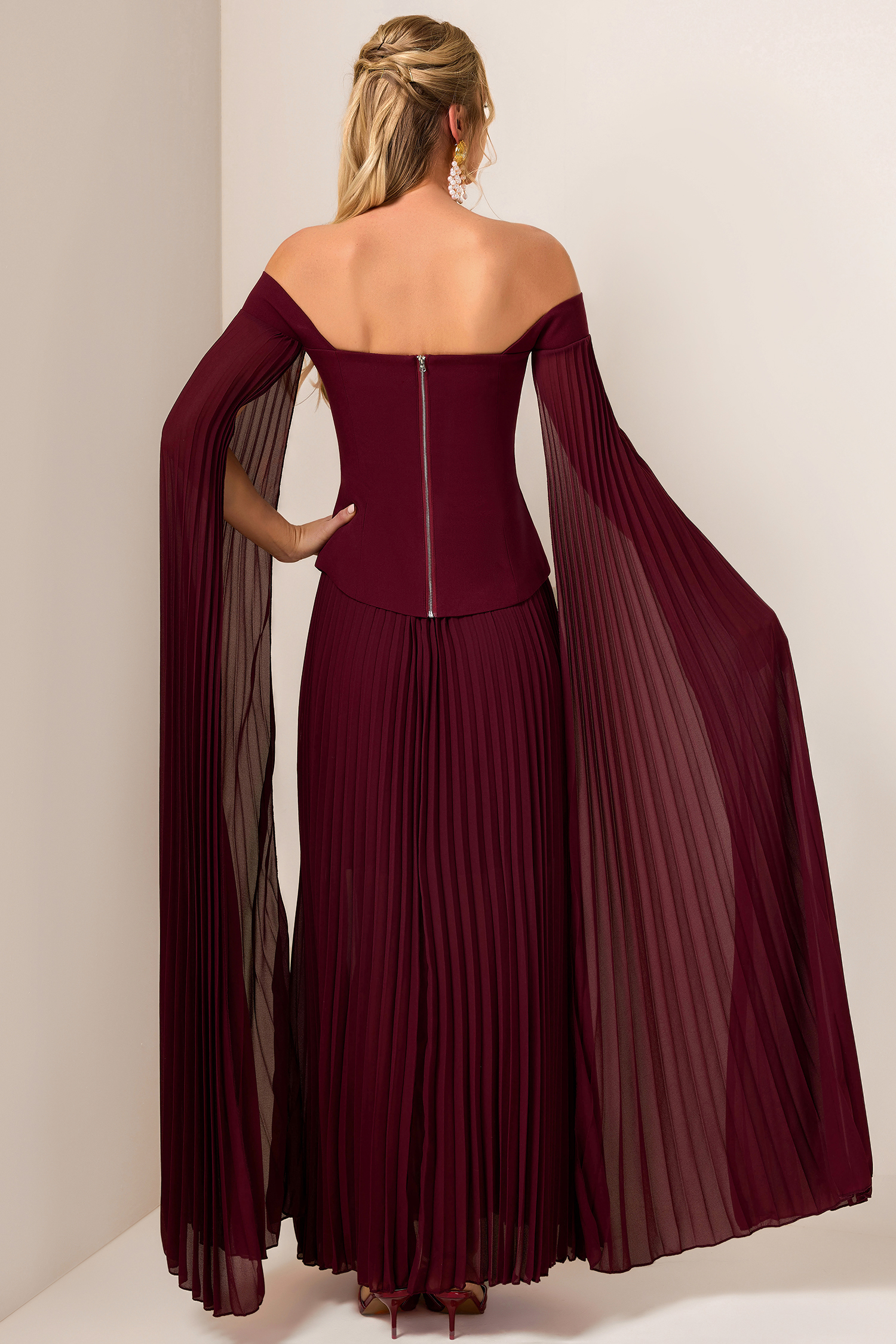 Solid Cape Sleeve Top & Pleat  Maxi Skirt Set