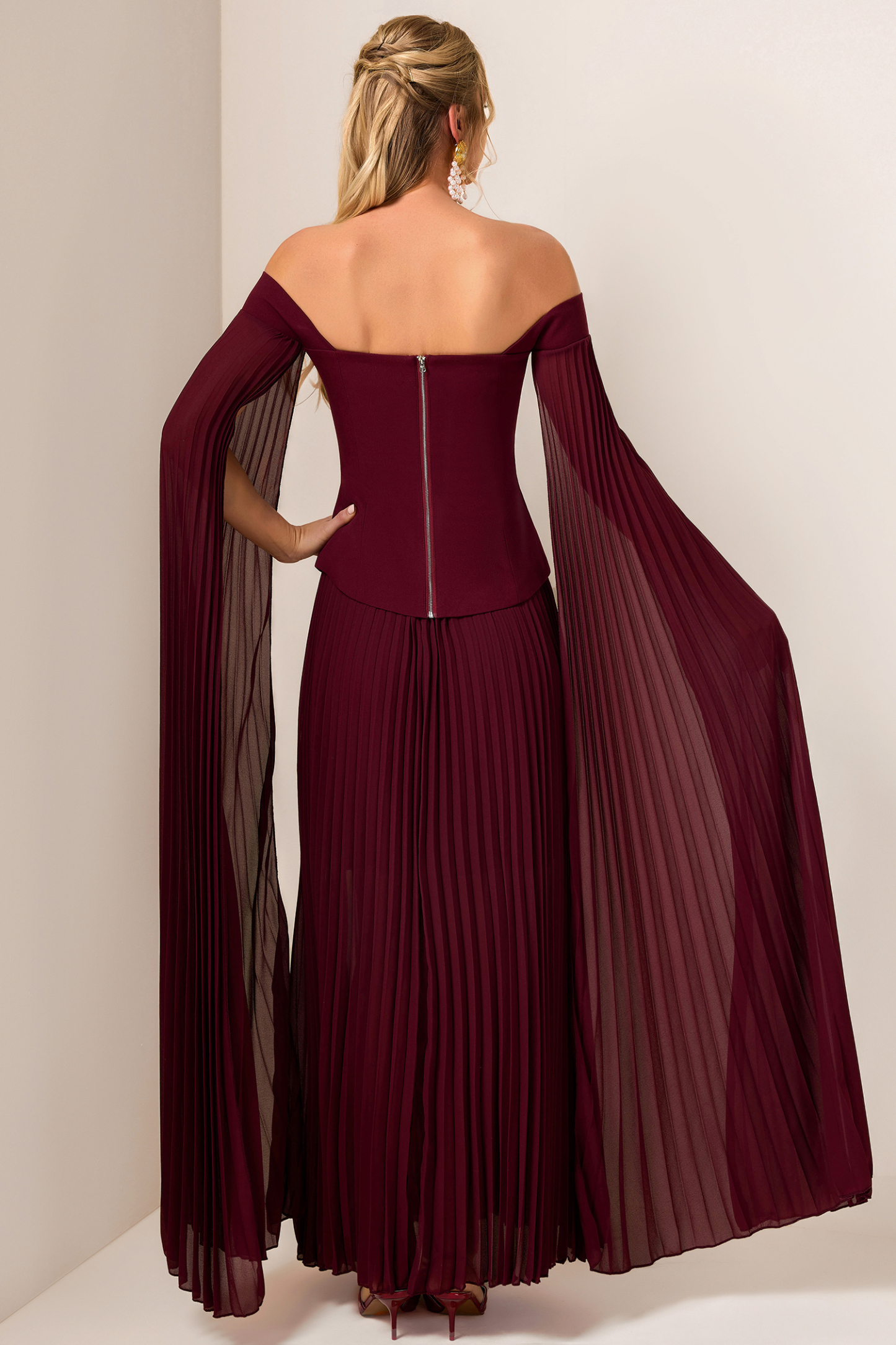 Solid Cape Sleeve Top & Pleat  Maxi Skirt Set