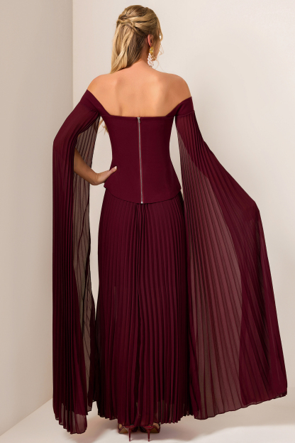 Solid Cape Sleeve Top & Pleat  Maxi Skirt Set