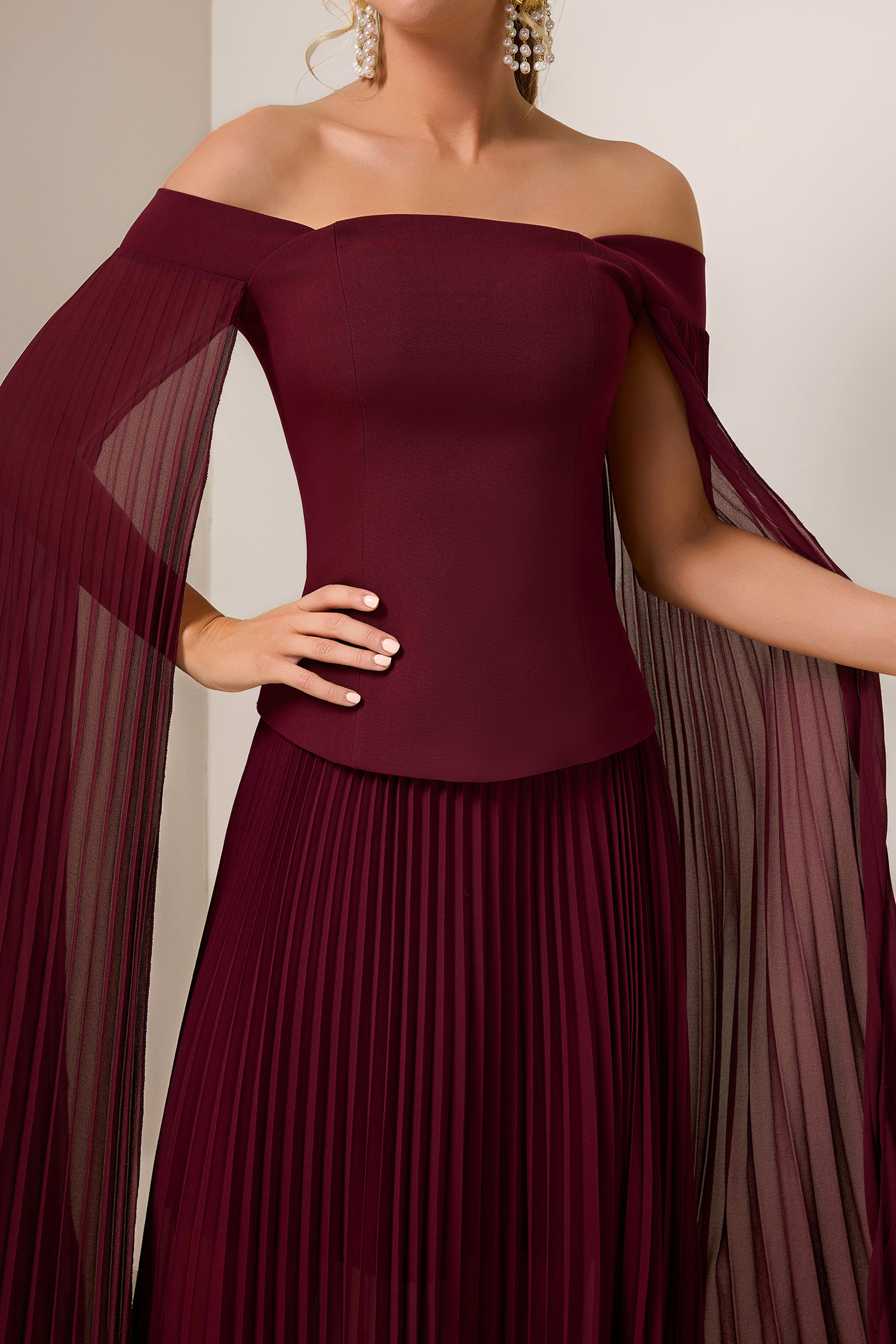 Solid Cape Sleeve Top & Pleat  Maxi Skirt Set