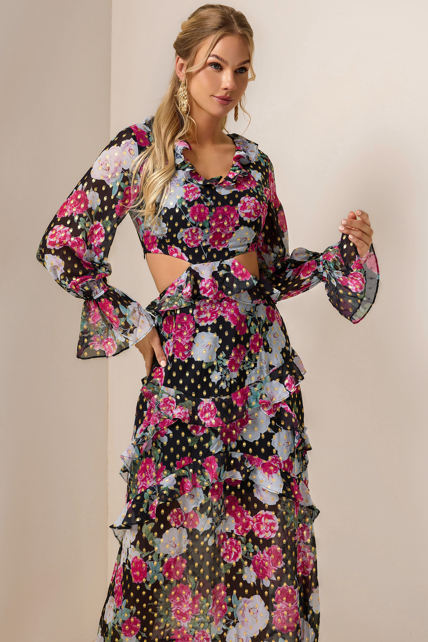 Floral Gold Foil Stamping Frill Midi Dress