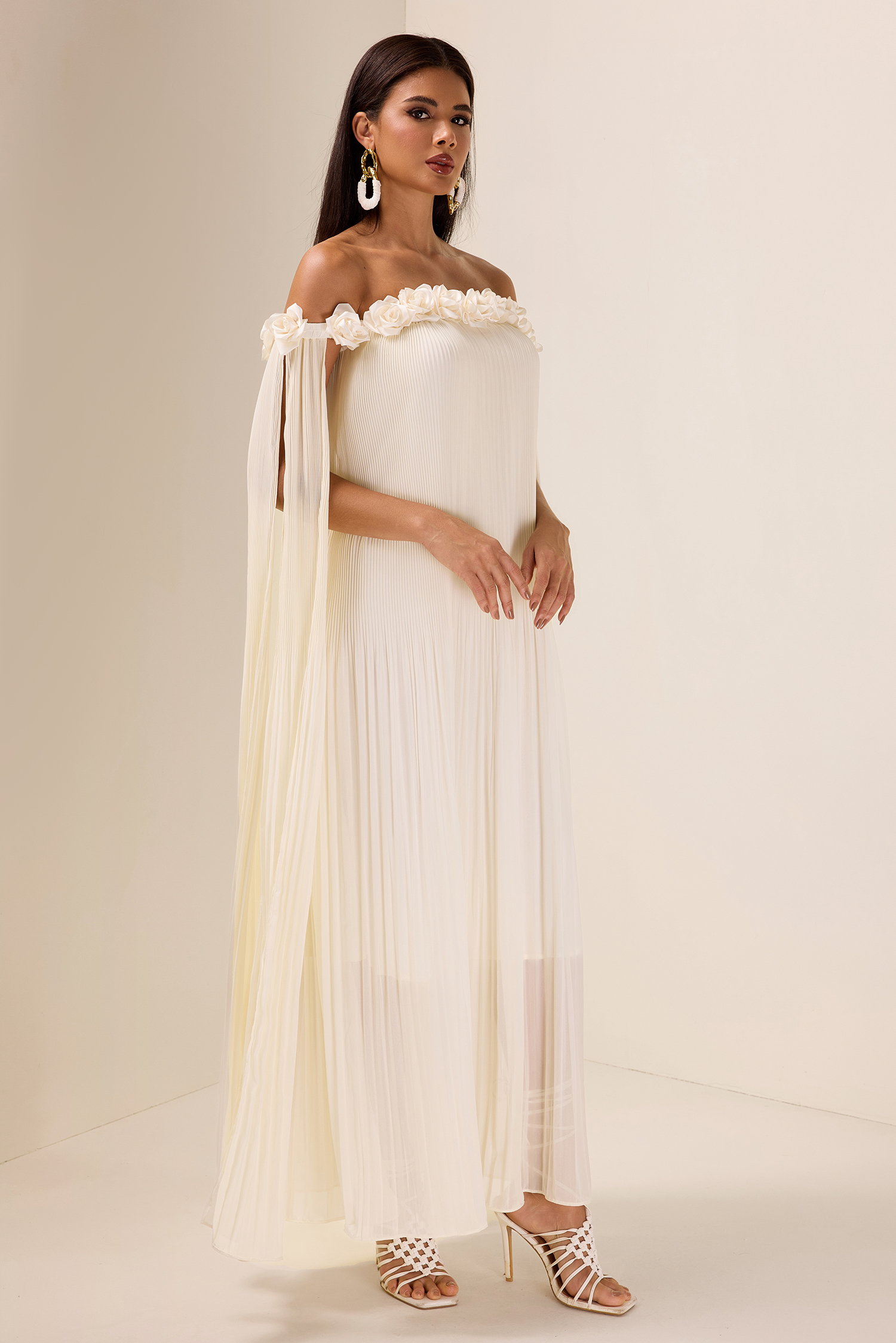 3D Flower Chiffon Off-Shoulder Pleat Maxi Dress