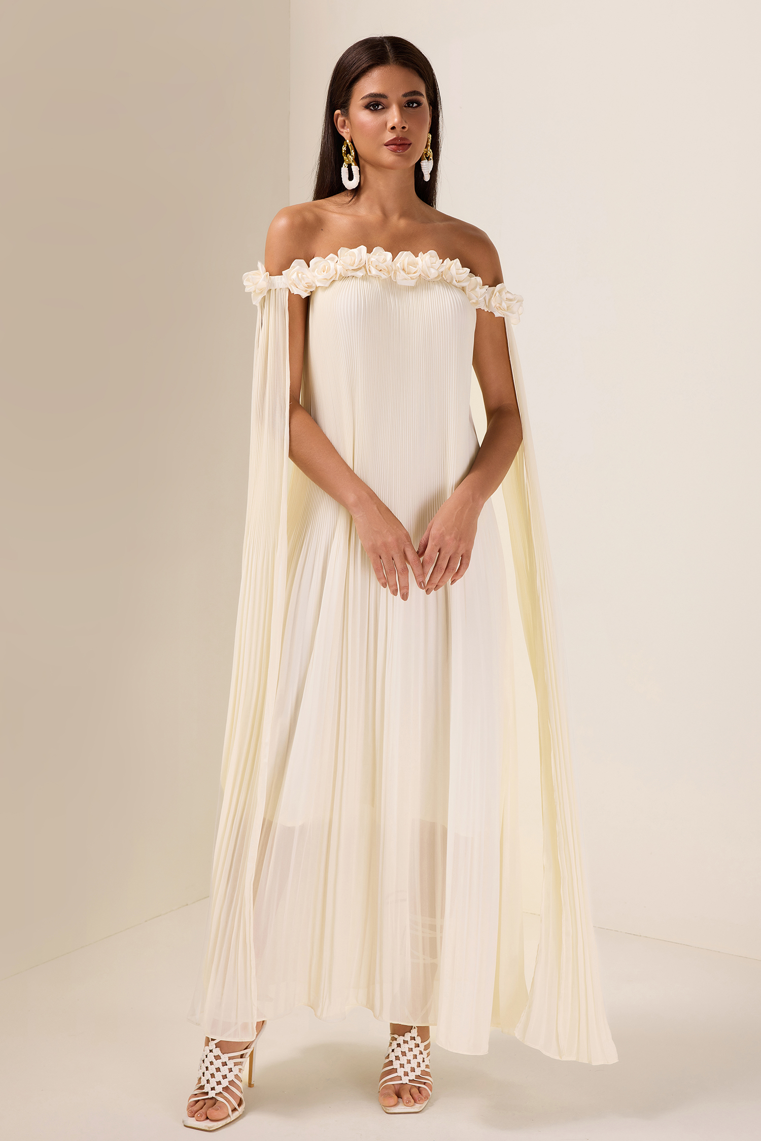 3D Flower Chiffon Off-Shoulder Pleat Maxi Dress