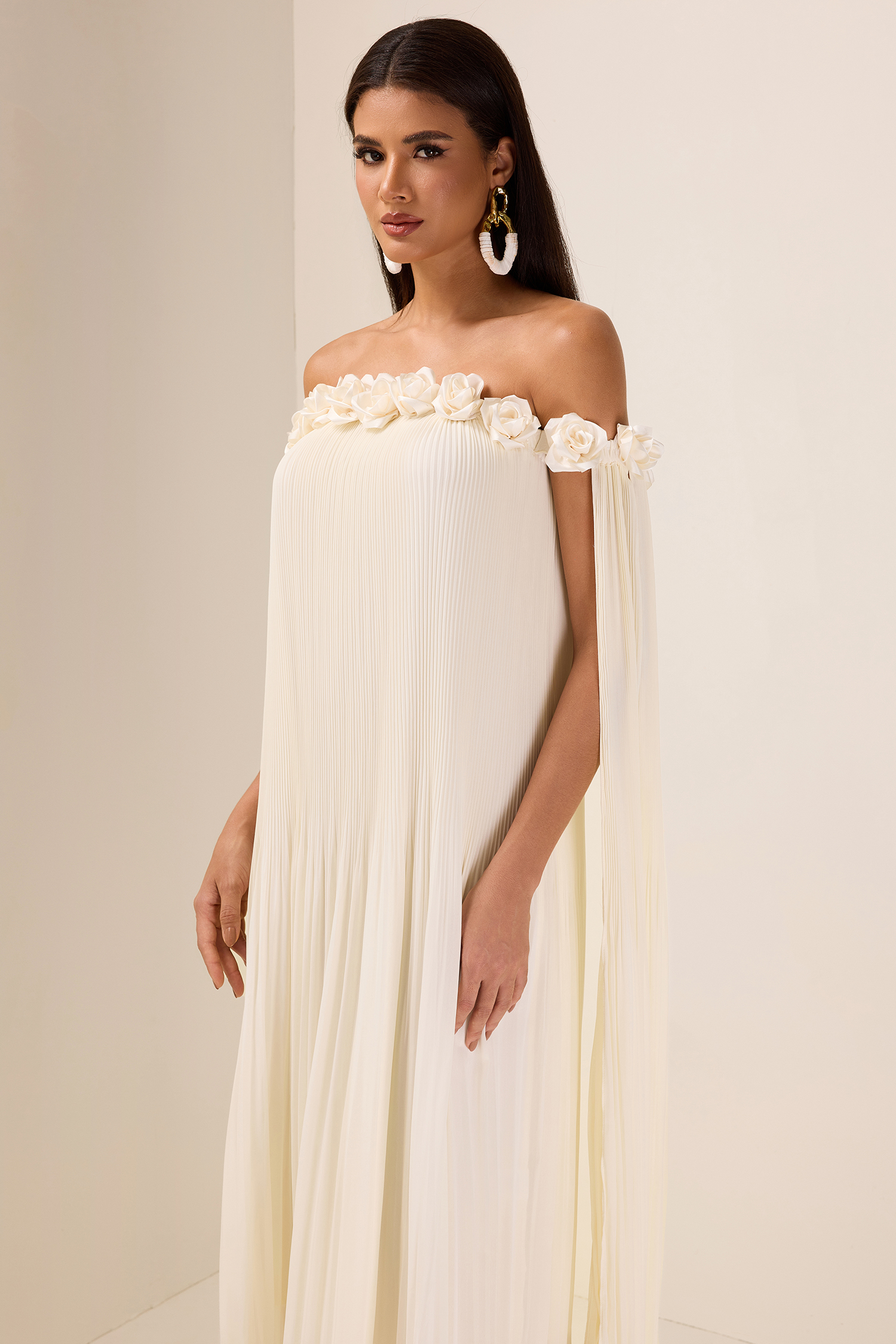 3D Flower Chiffon Off-Shoulder Pleat Maxi Dress