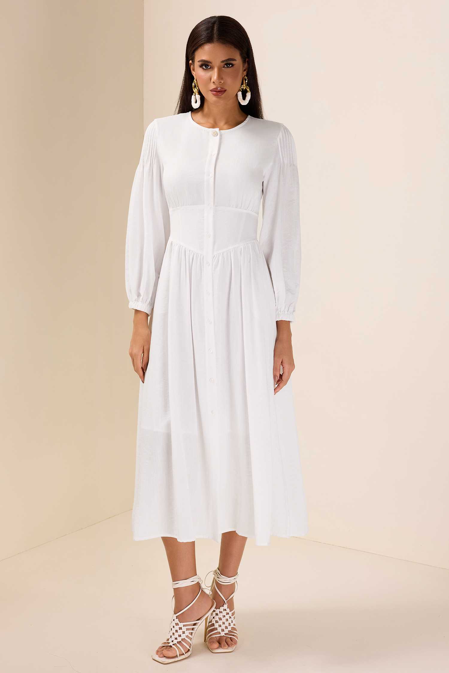 Solid Bottom Lantern Sleeve Midi Dress