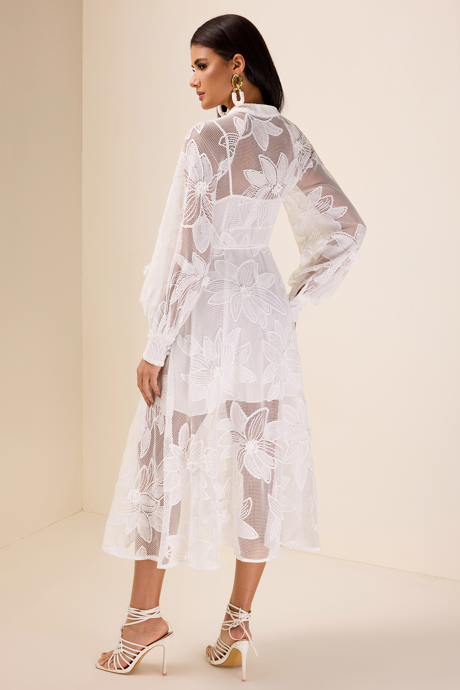 Lace Embroidered Single Breasted Midi Dress
