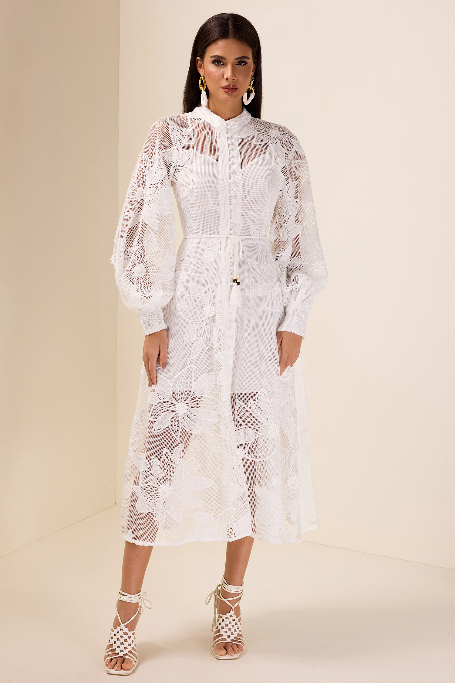 Lace Embroidered Single Breasted Midi Dress