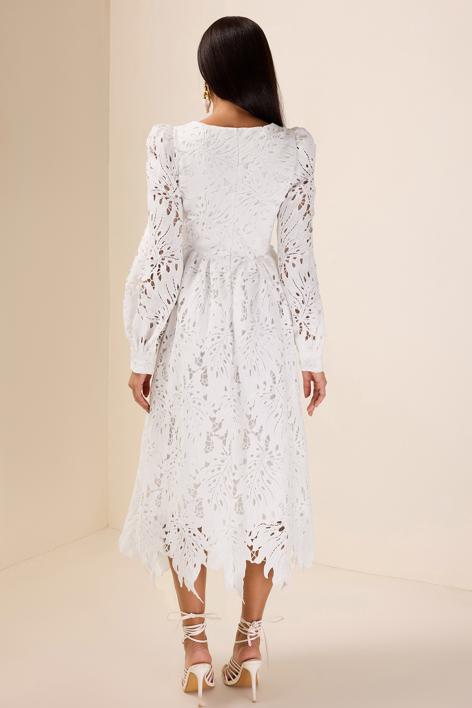 Lace V-Neck Puff Sleeve Midi Dress