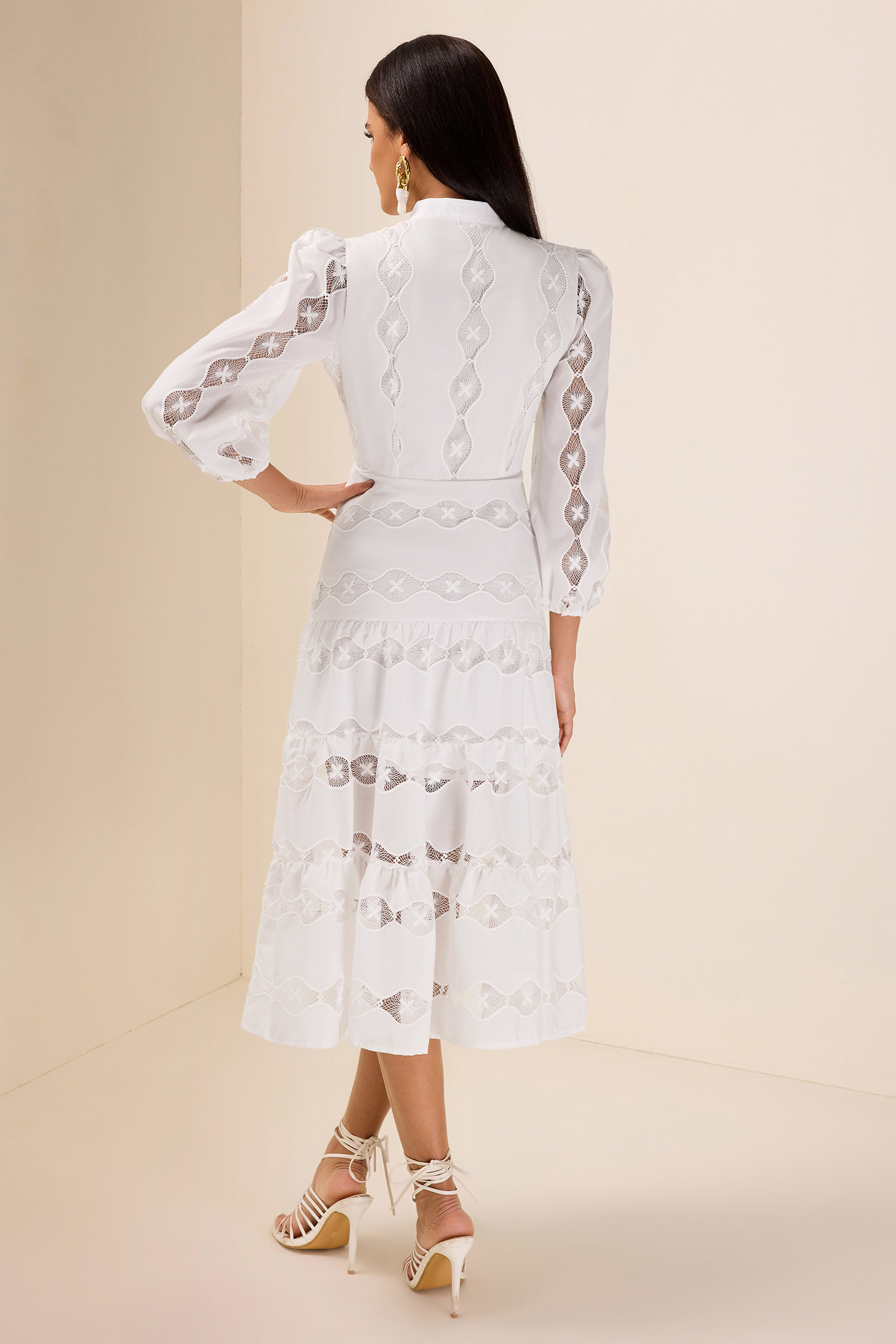 Embroidered Single Breasted Long Sleeve Midi Dress