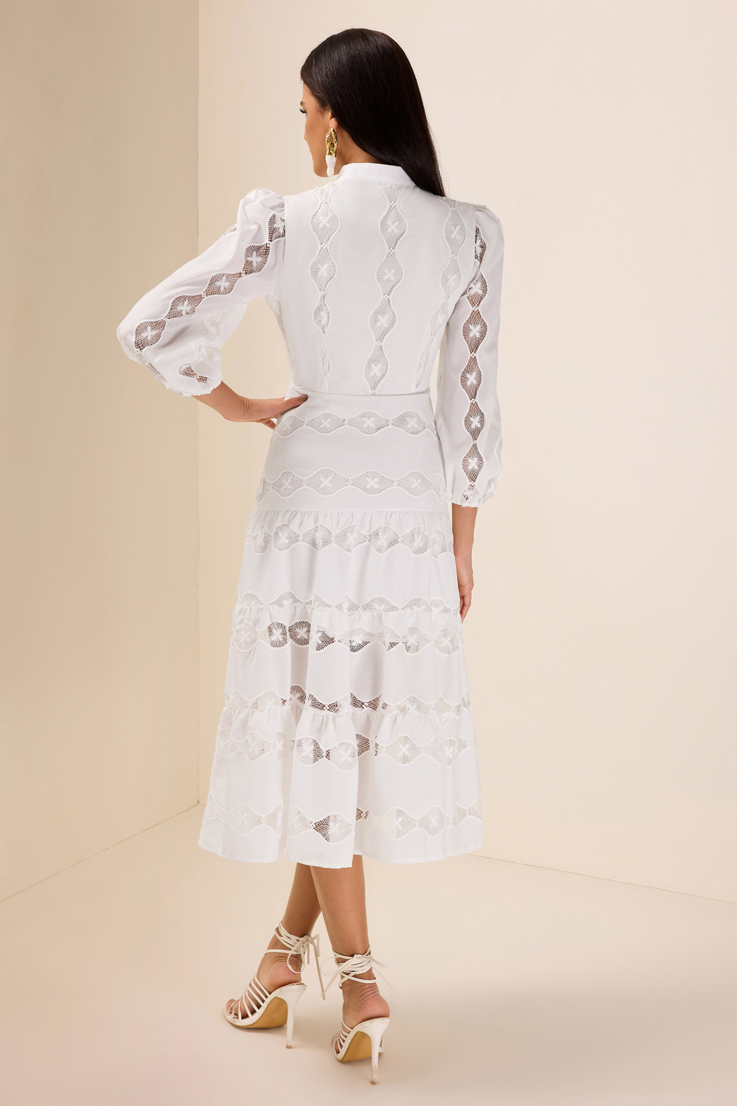 Embroidered Single Breasted Long Sleeve Midi Dress