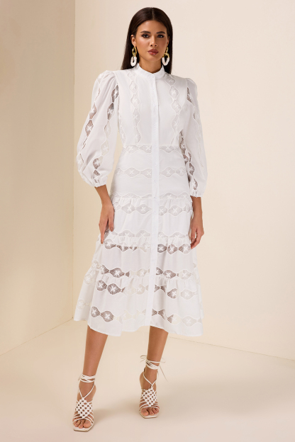 Embroidered Single Breasted Long Sleeve Midi Dress