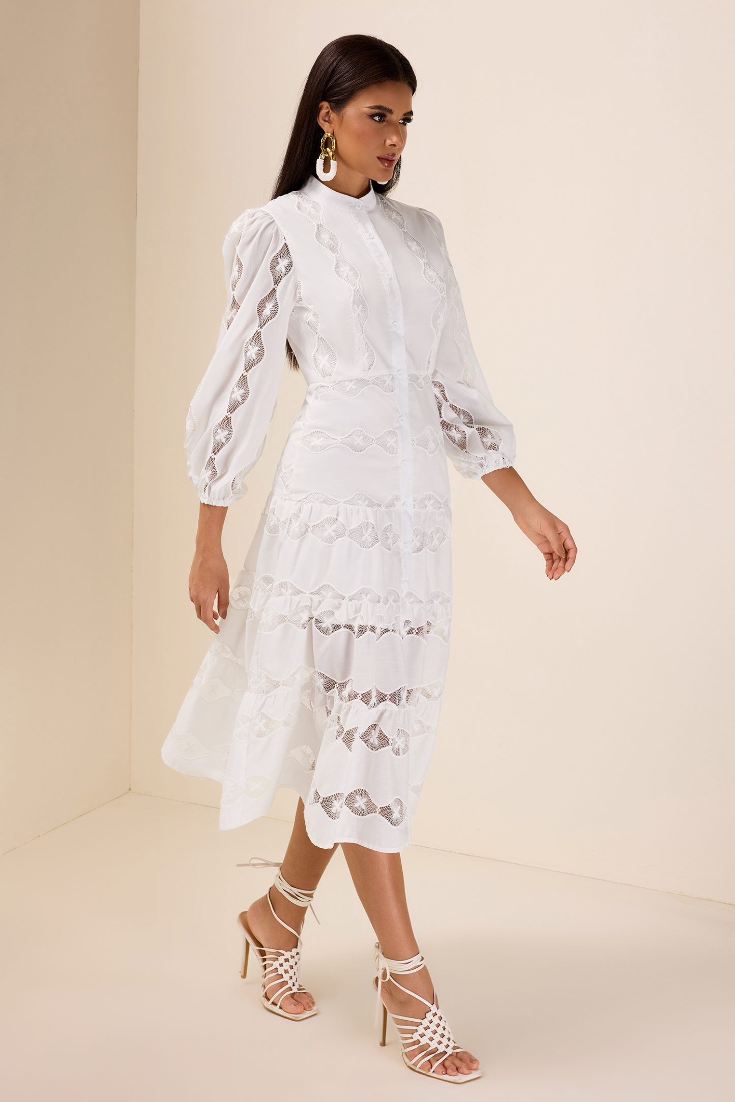 Embroidered Single Breasted Long Sleeve Midi Dress
