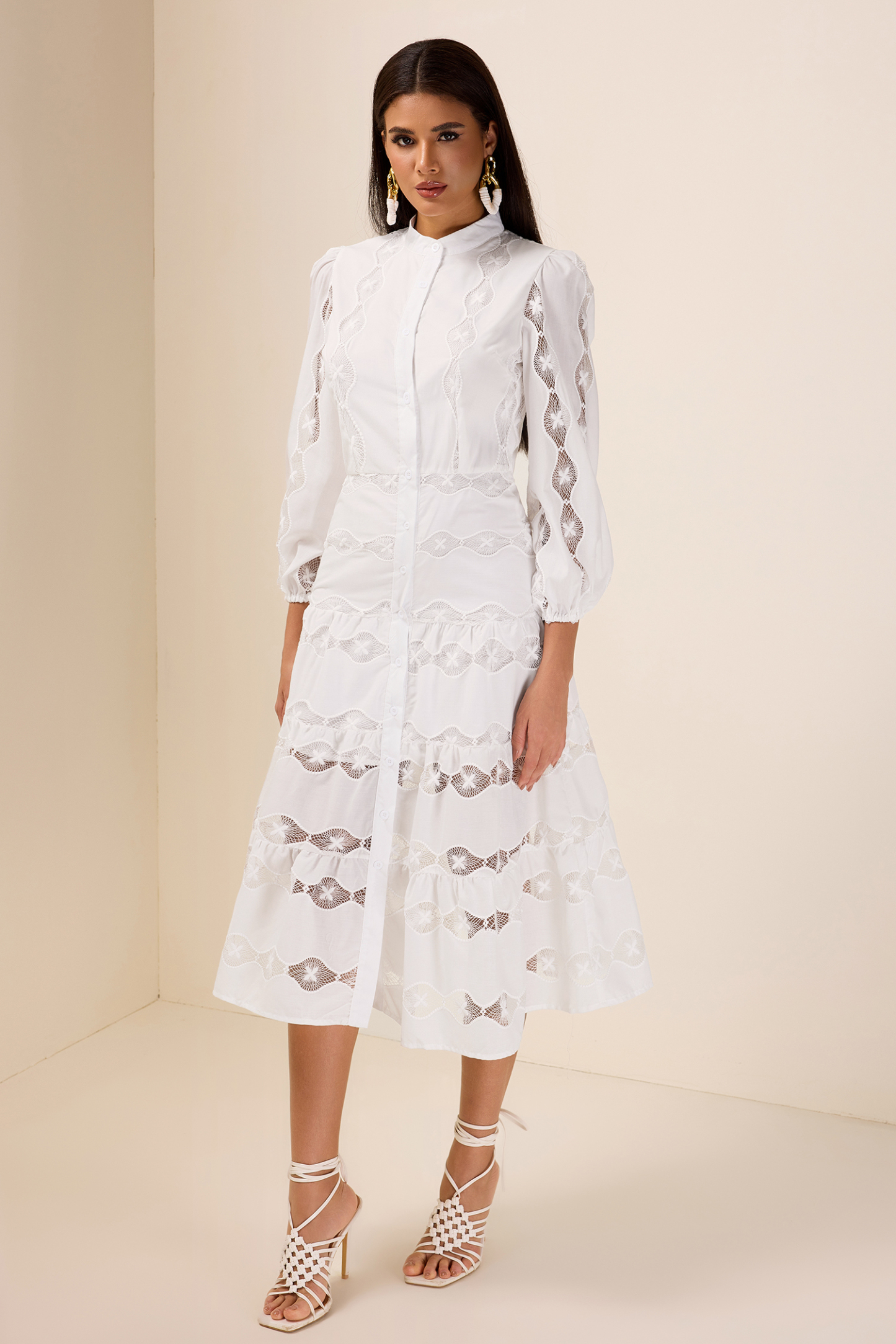 Embroidered Single Breasted Long Sleeve Midi Dress