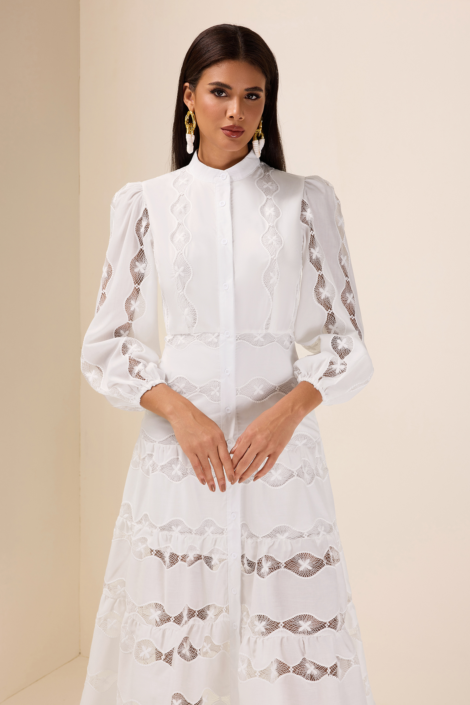 Embroidered Single Breasted Long Sleeve Midi Dress