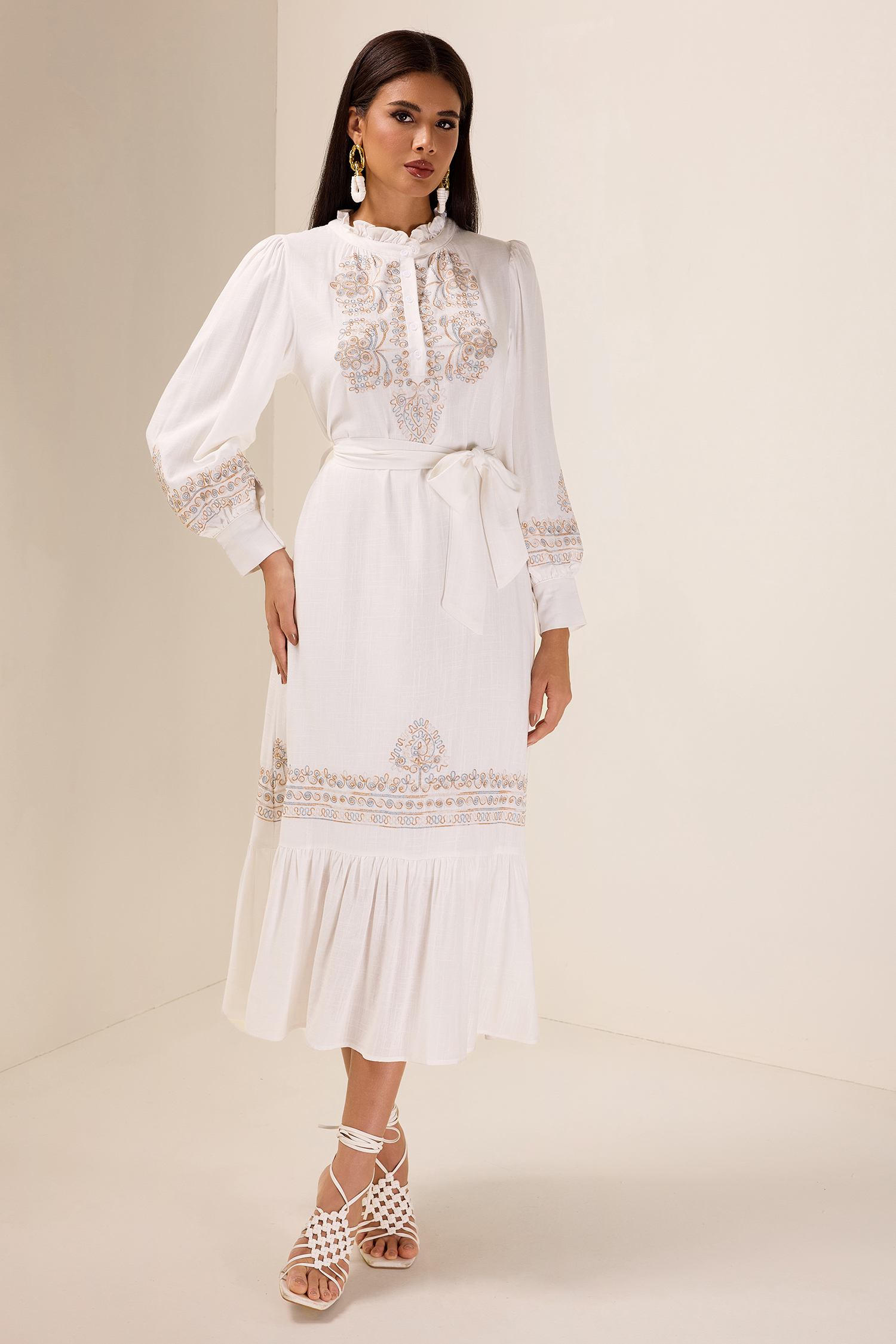Embroidered Lace Up Lantern Sleeve Midi Dress