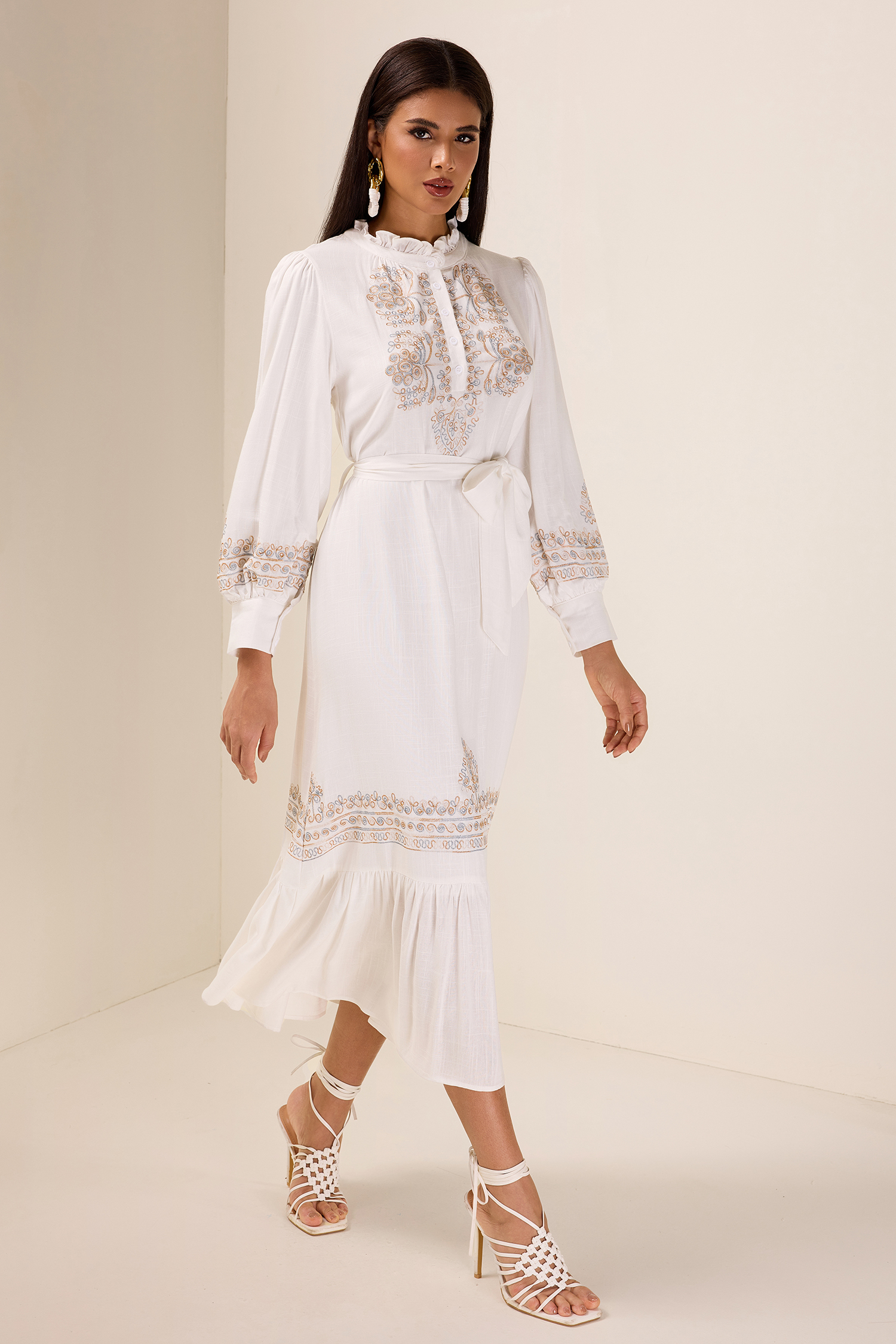 Embroidered Lace Up Lantern Sleeve Midi Dress