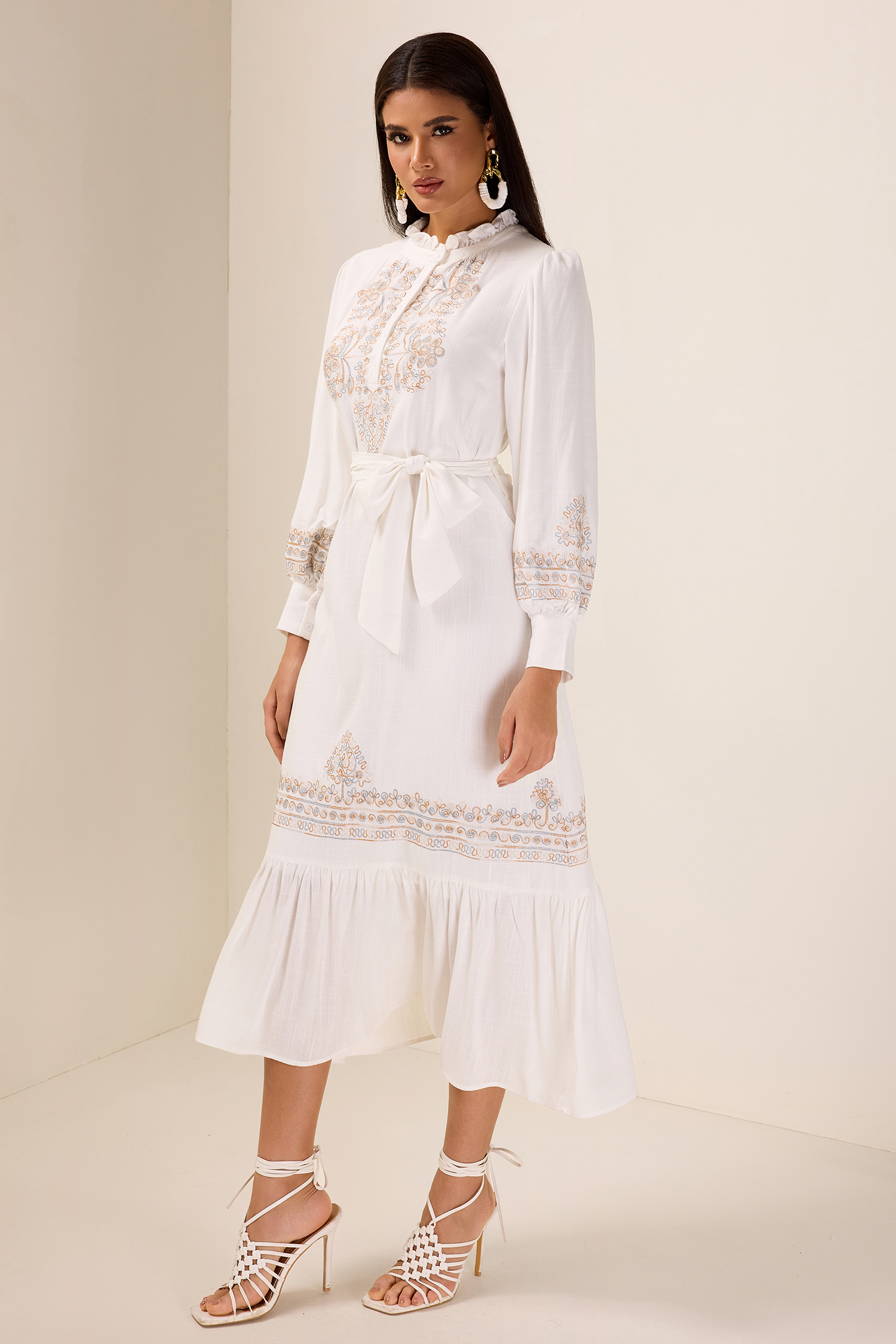 Embroidered Lace Up Lantern Sleeve Midi Dress