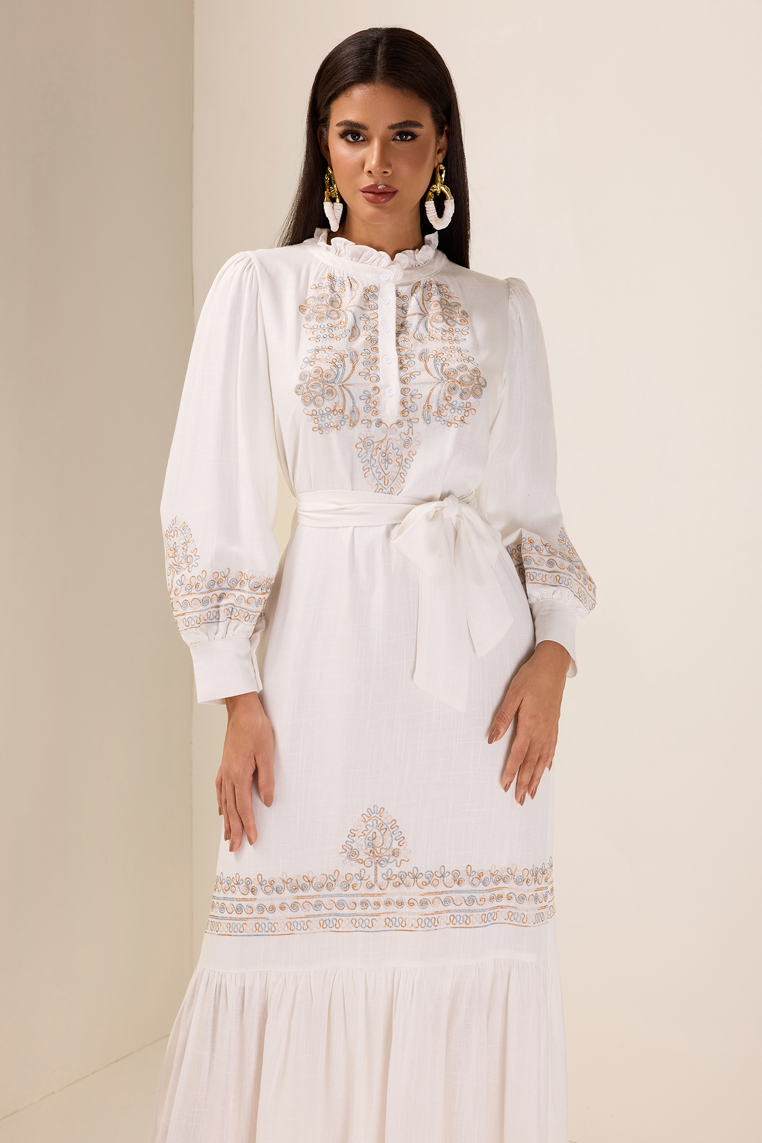 Embroidered Lace Up Lantern Sleeve Midi Dress