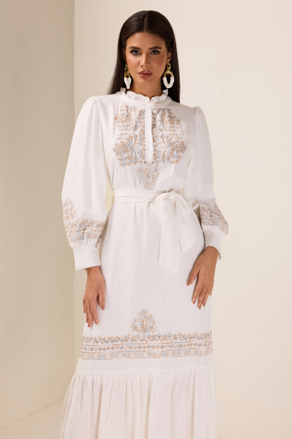Embroidered Lace Up Lantern Sleeve Midi Dress
