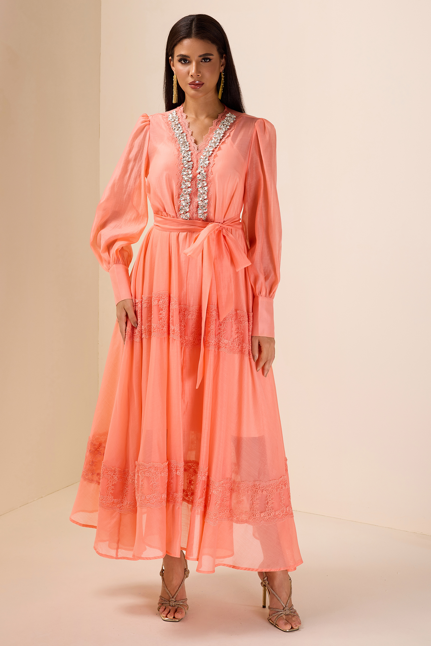 Lace Rhinestone V-Neck Midi Dress