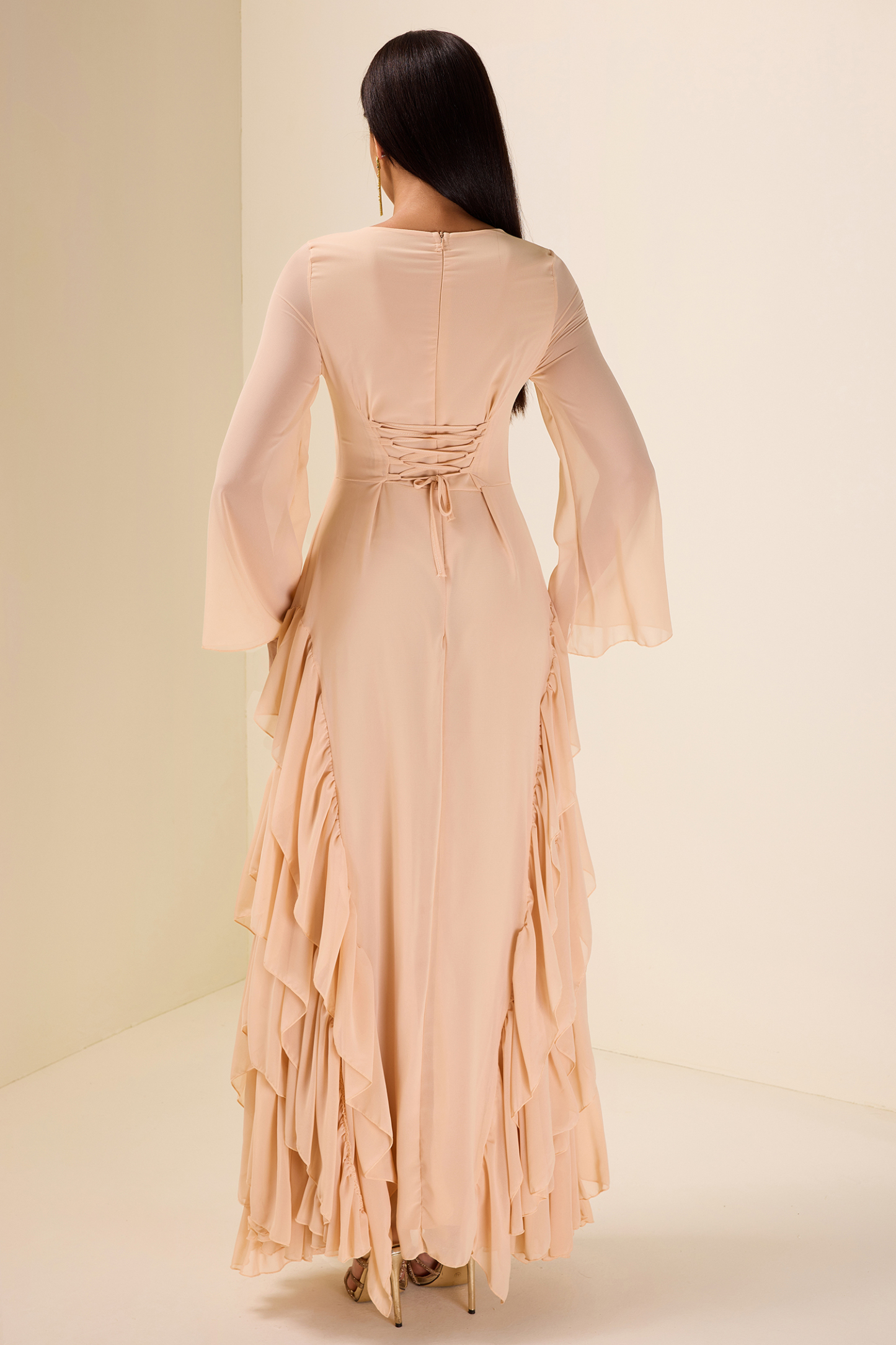 Chiffon Bell Sleeve Frill Maxi Dress