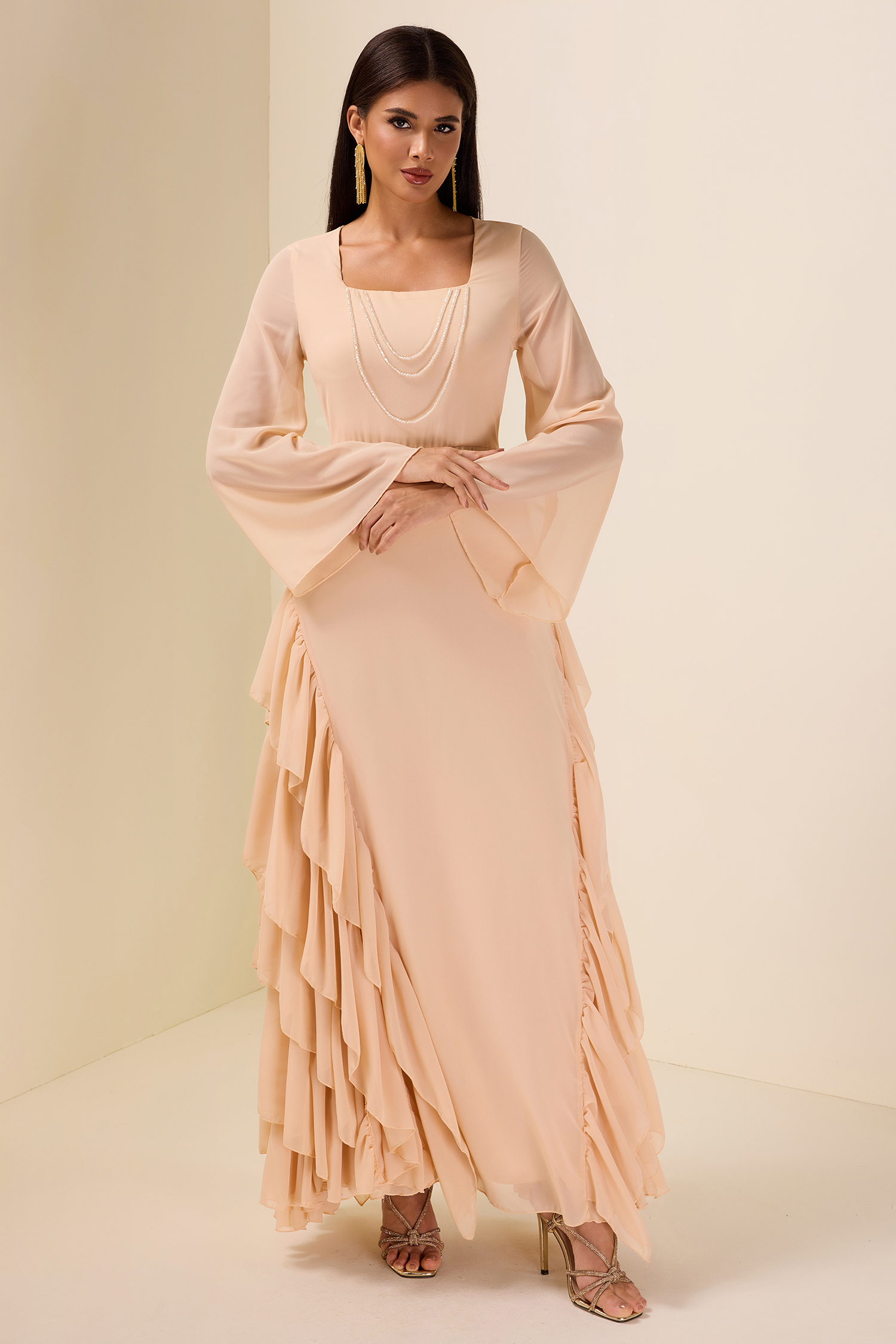 Chiffon Bell Sleeve Frill Maxi Dress