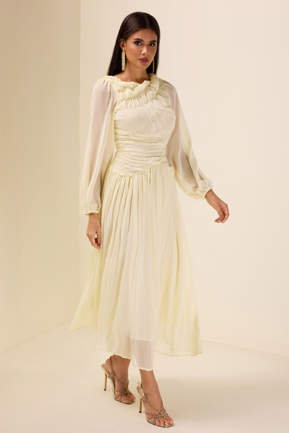 Chiffon Gathering Long Sleeve Midi Dress