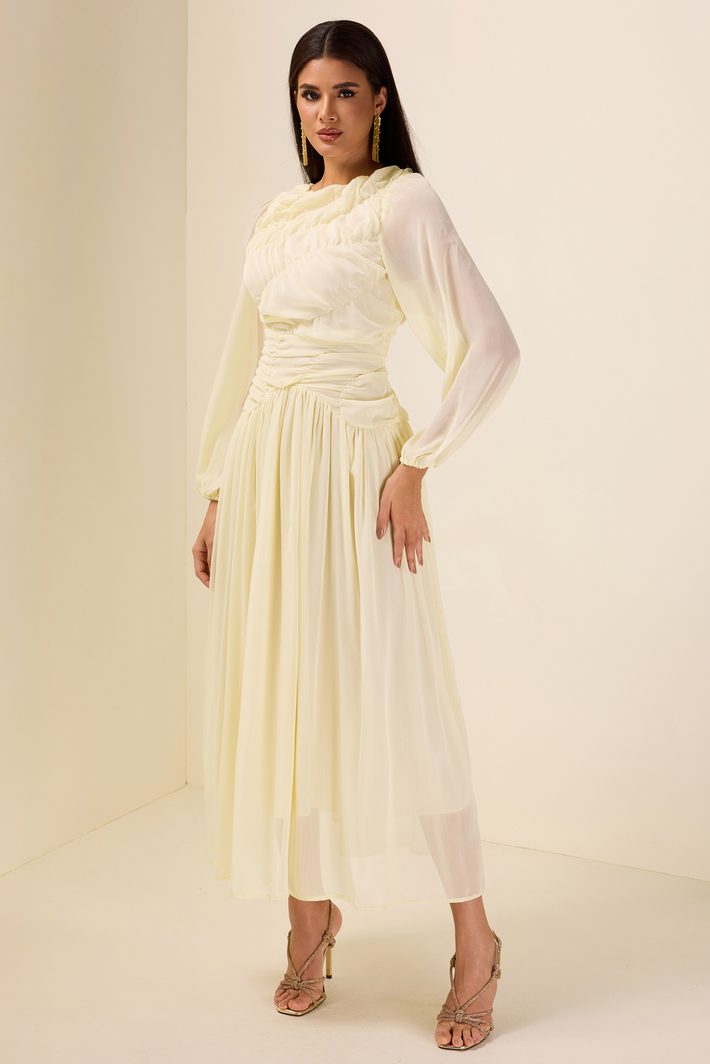 Chiffon Gathering Long Sleeve Midi Dress