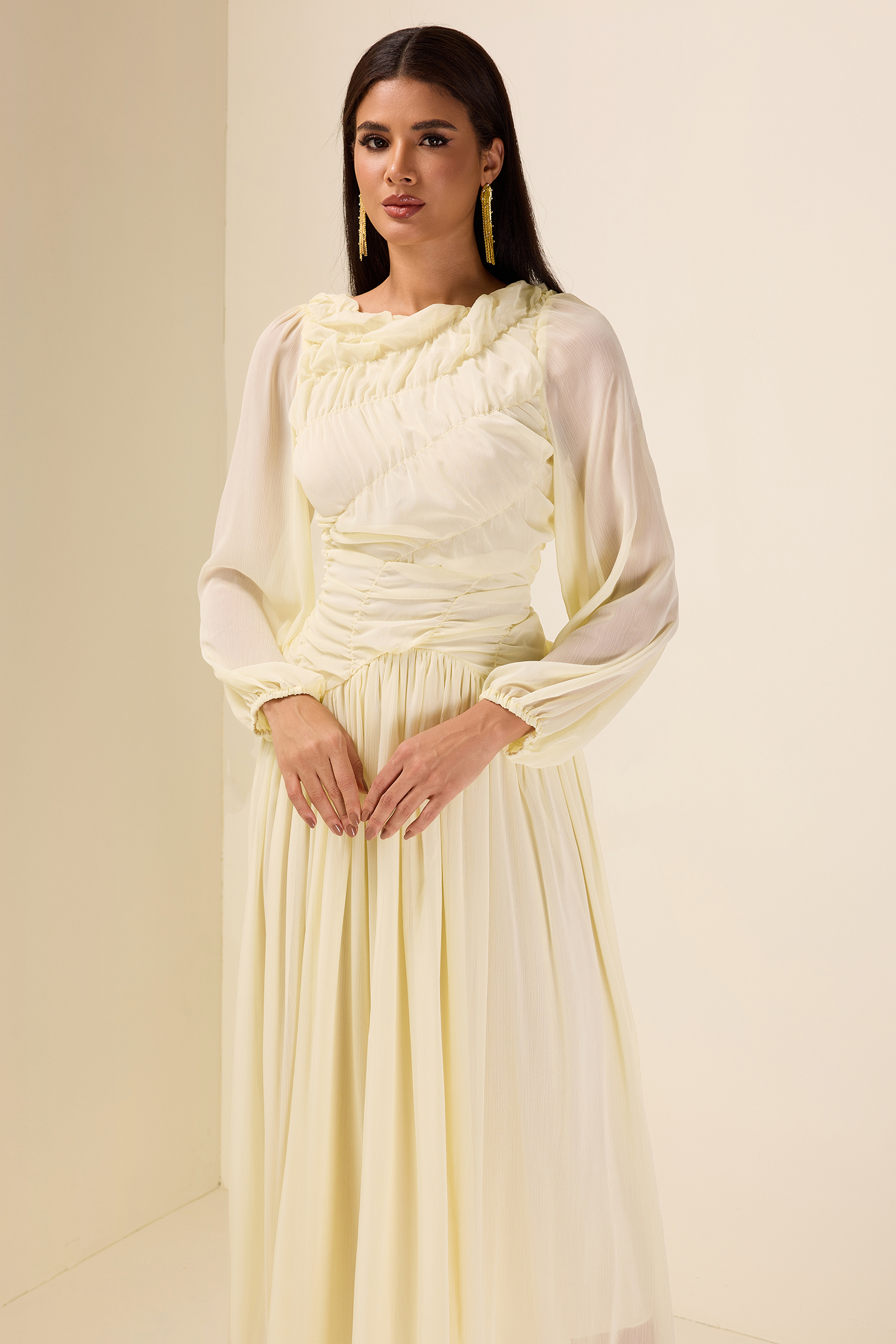 Chiffon Gathering Long Sleeve Midi Dress