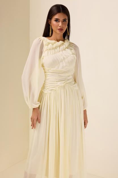 Chiffon Gathering Long Sleeve Midi Dress