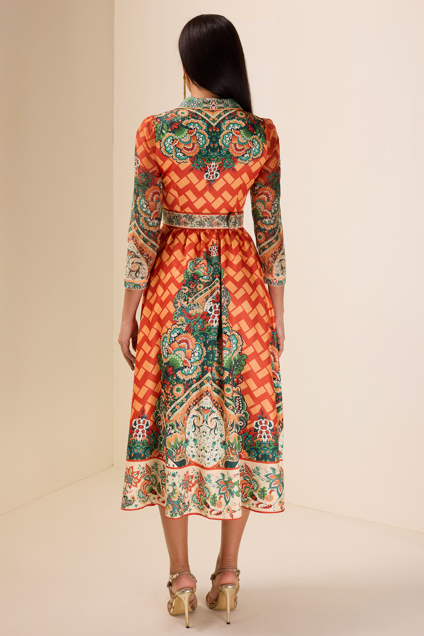 Botanical Print Long Sleeve Midi Dress With Belt