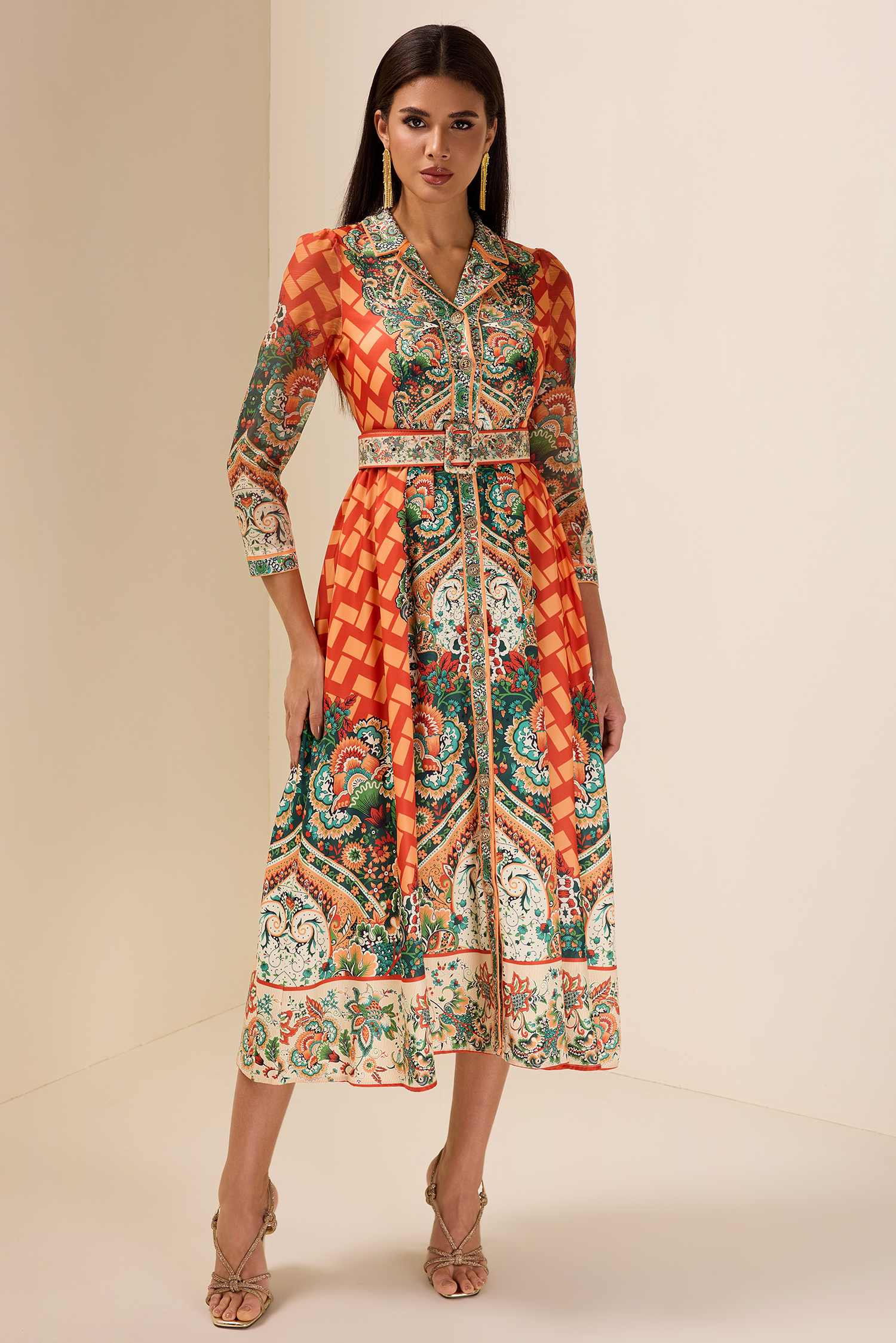Botanical Print Long Sleeve Midi Dress With Belt