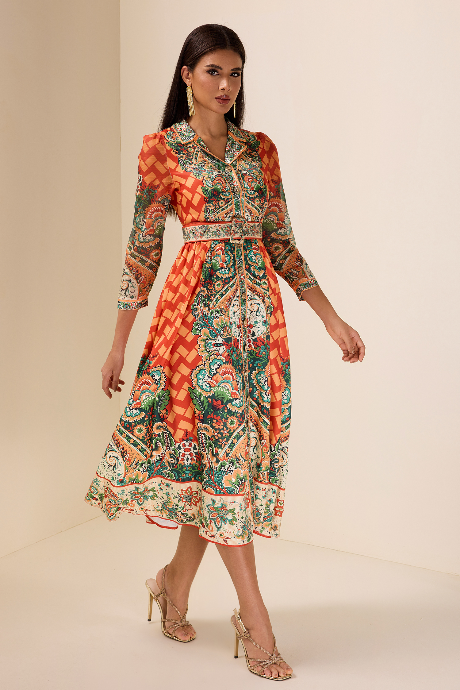 Botanical Print Long Sleeve Midi Dress With Belt