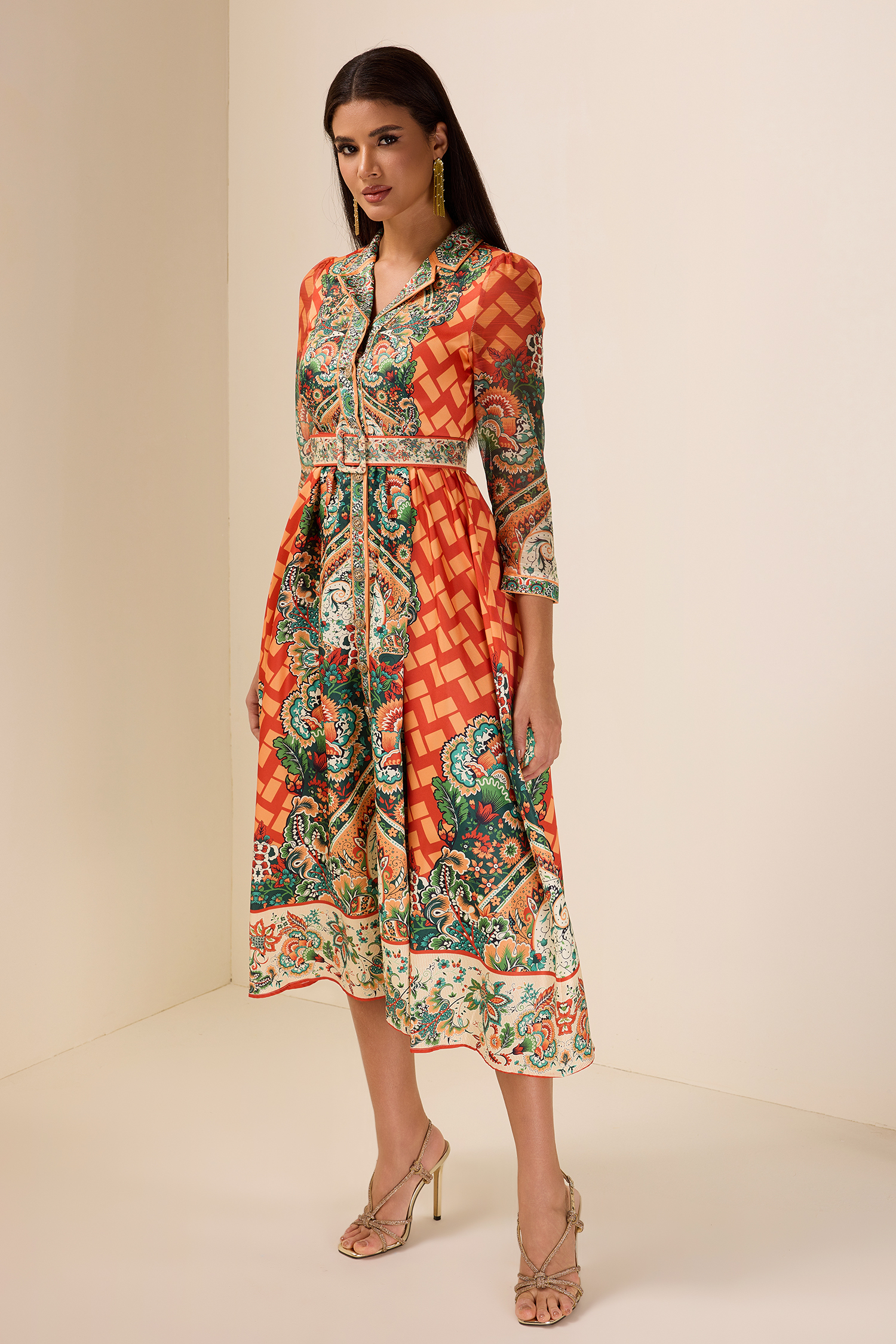 Botanical Print Long Sleeve Midi Dress With Belt