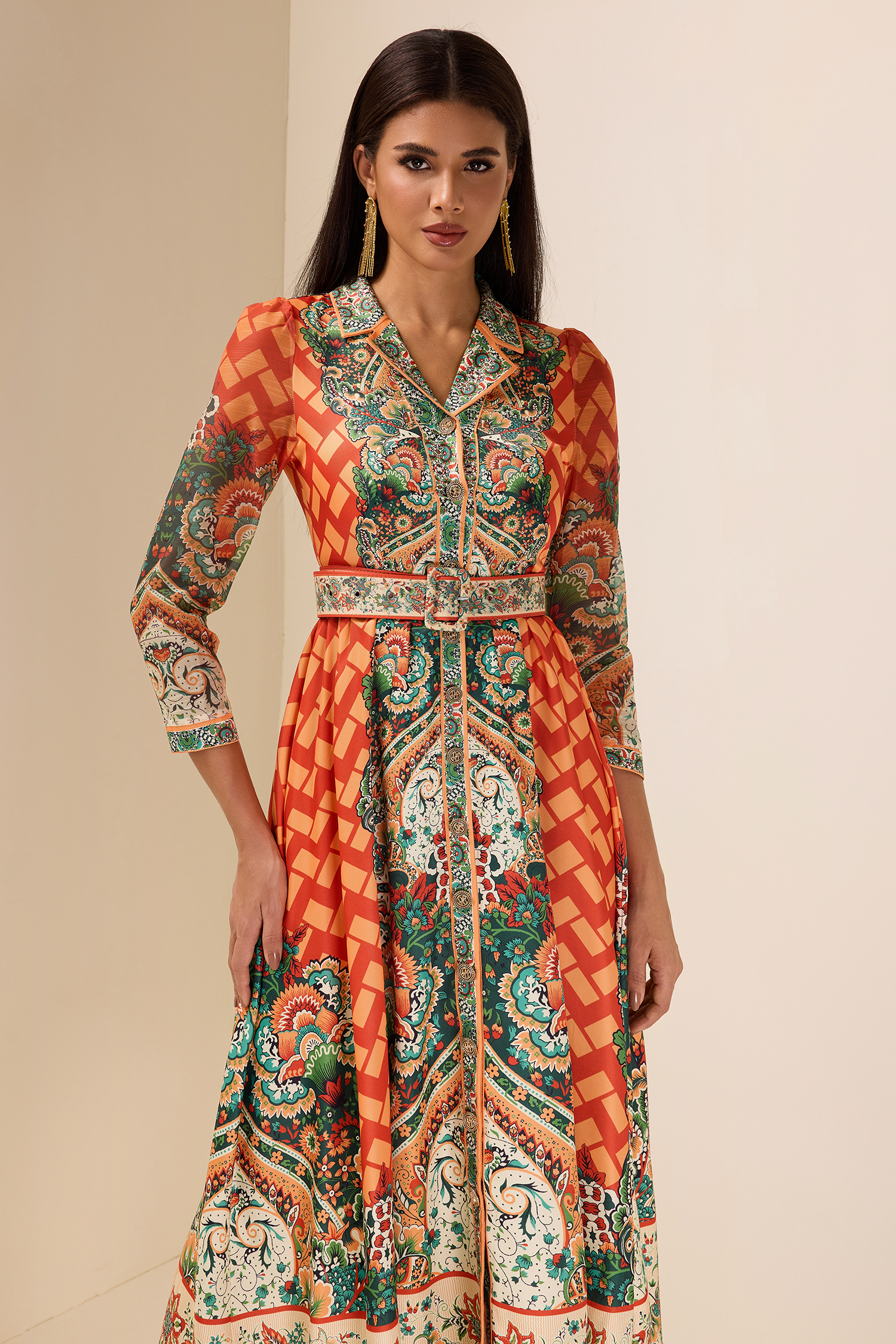 Botanical Print Long Sleeve Midi Dress With Belt