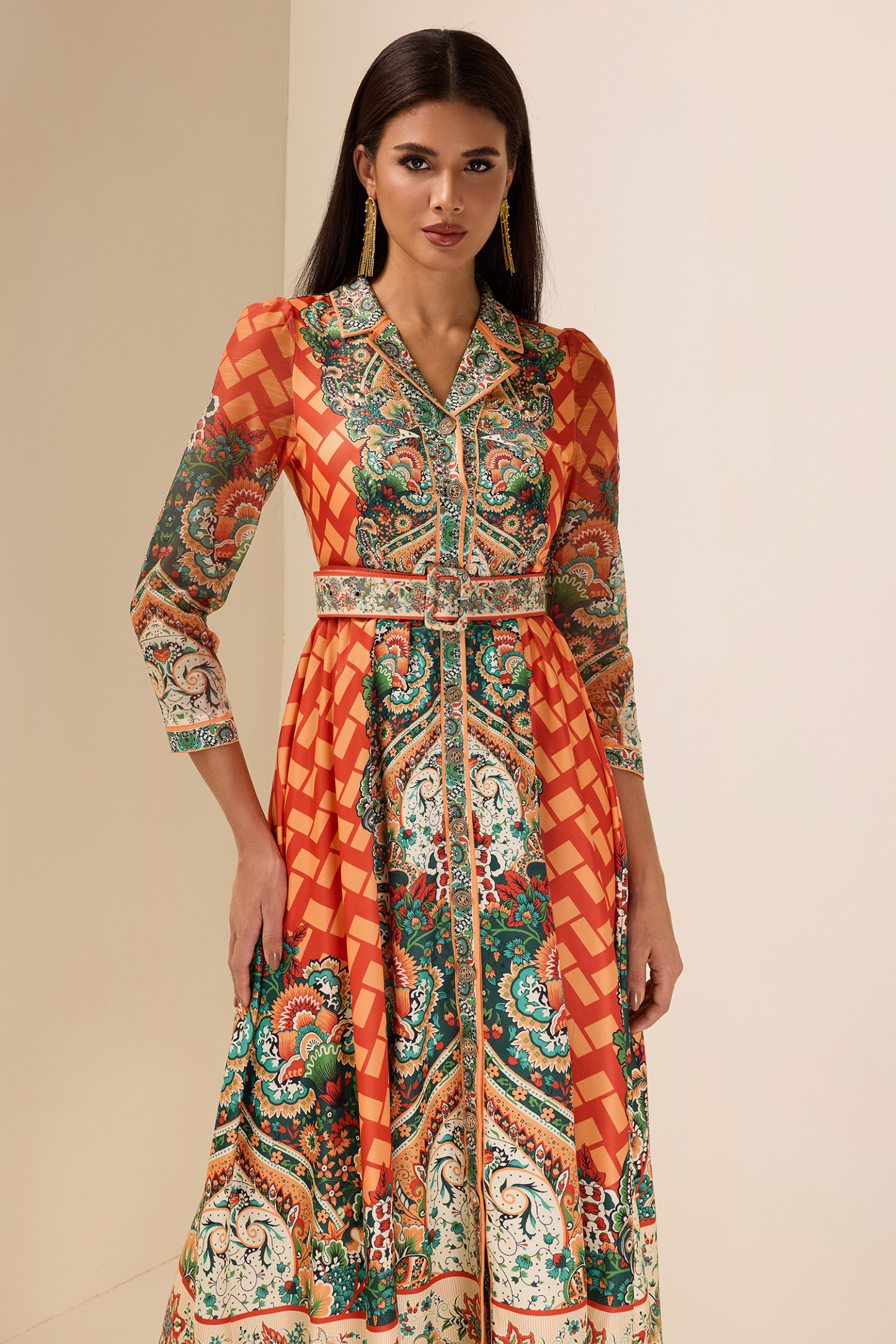 Botanical Print Long Sleeve Midi Dress With Belt