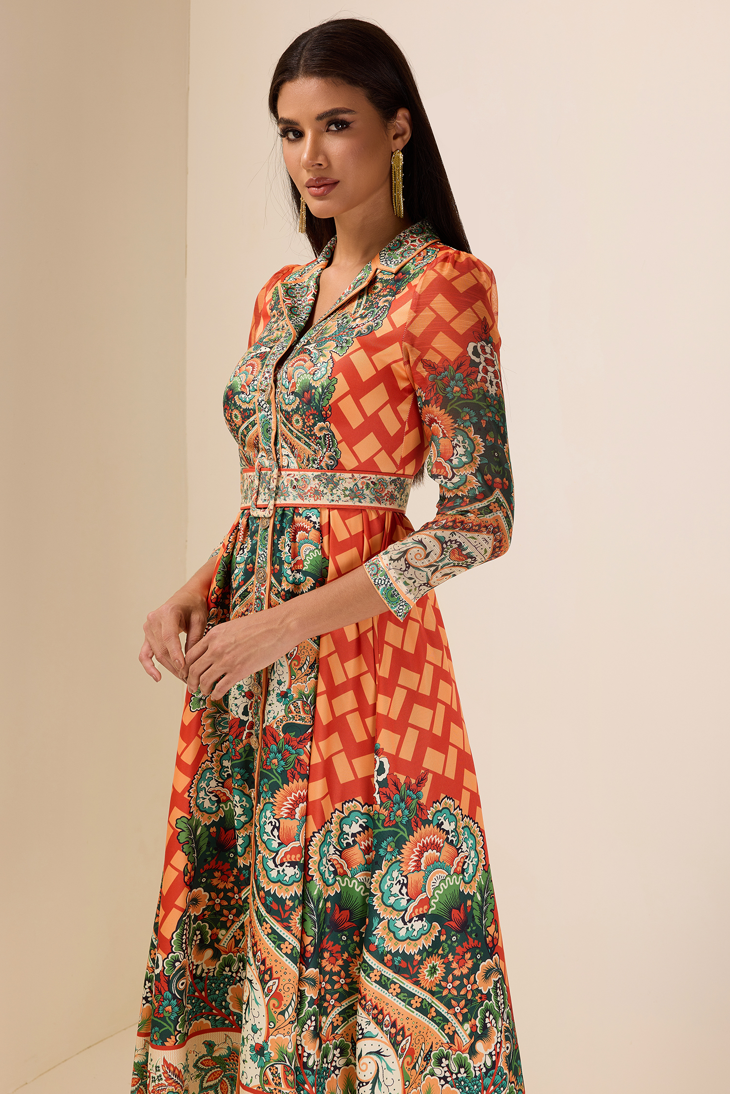 Botanical Print Long Sleeve Midi Dress With Belt