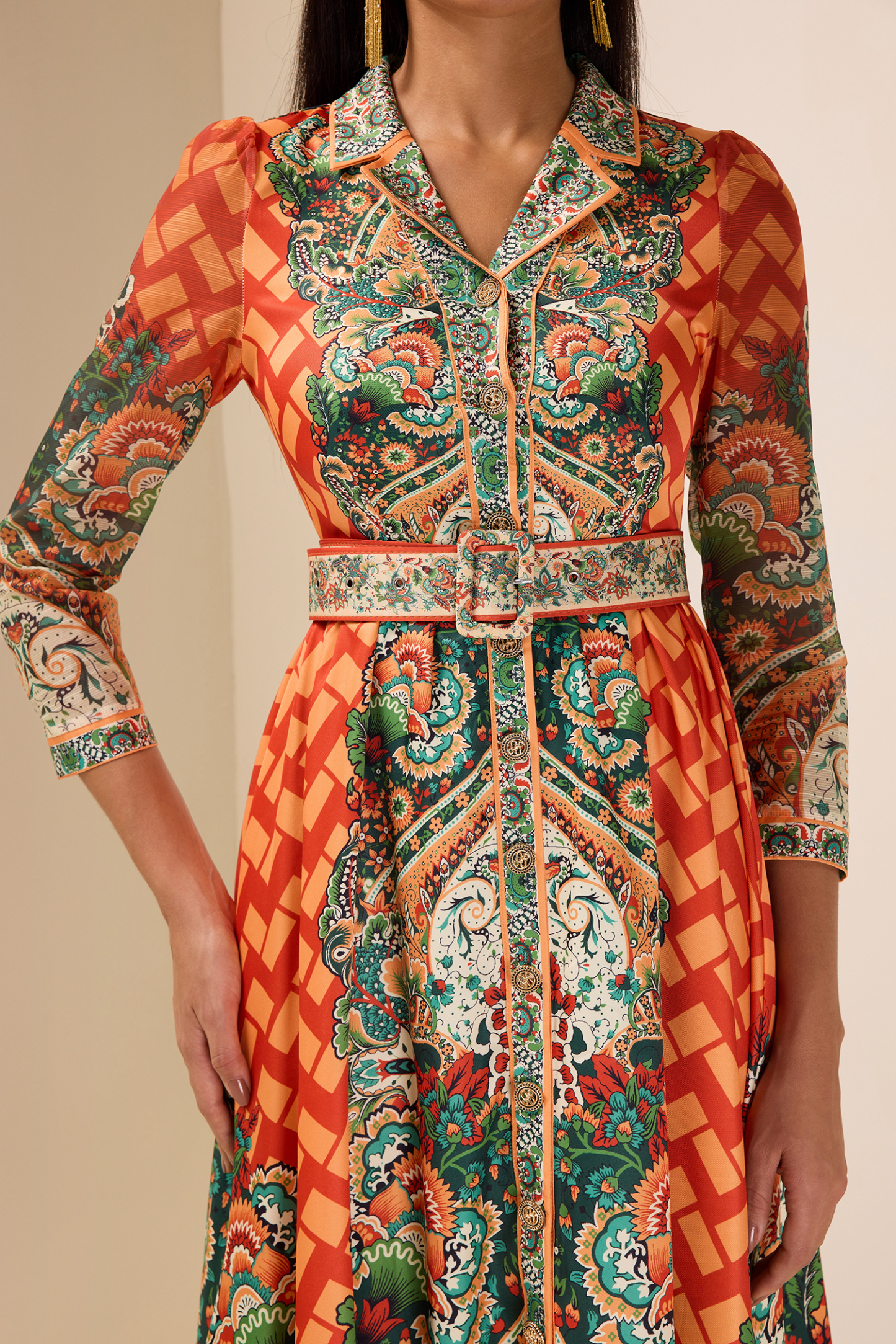 Botanical Print Long Sleeve Midi Dress With Belt