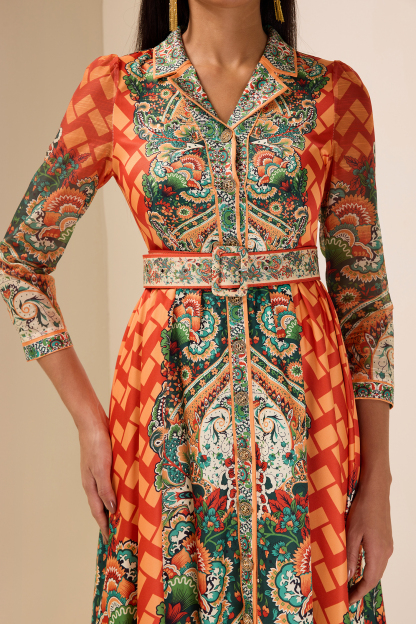 Botanical Print Long Sleeve Midi Dress With Belt