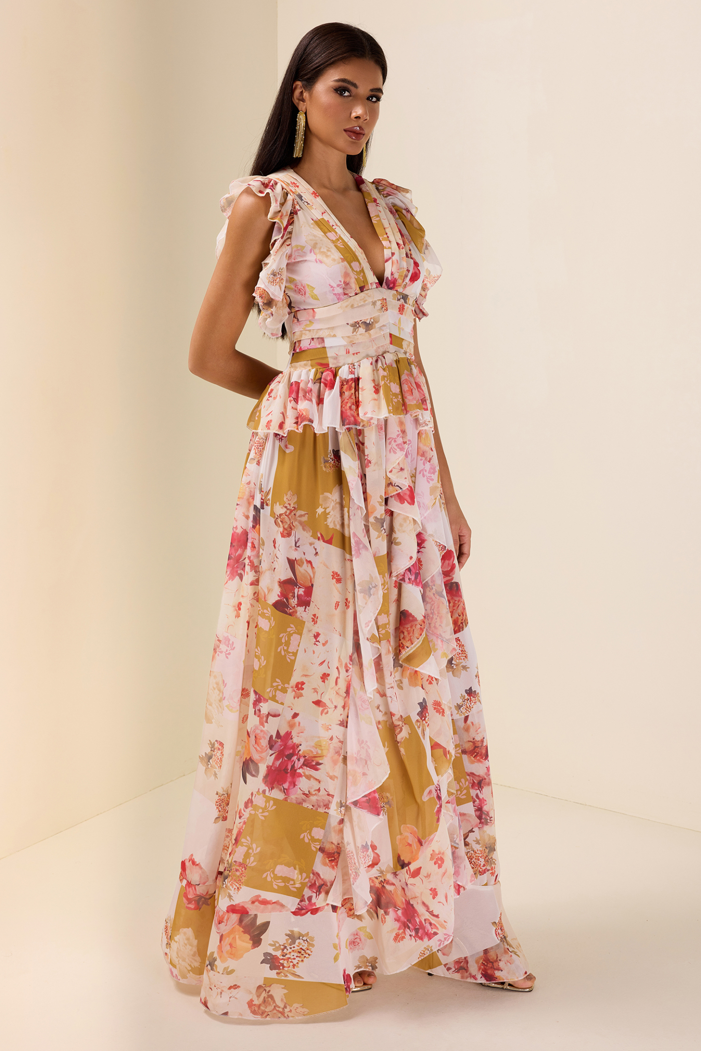 Ruffle V-Neck Split Maxi Dress