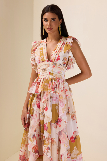 Ruffle V-Neck Split Maxi Dress