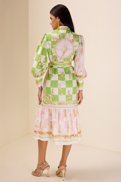 Patchwork Print Lantern Sleeve Midi Dress With Belt