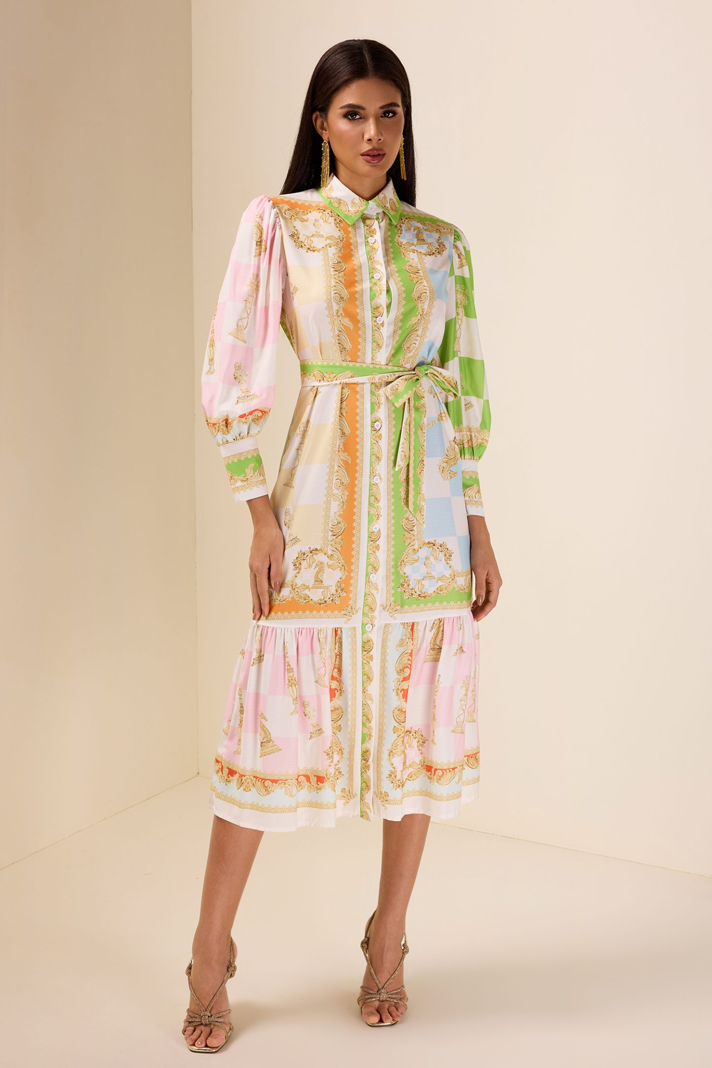 Patchwork Print Lantern Sleeve Midi Dress With Belt