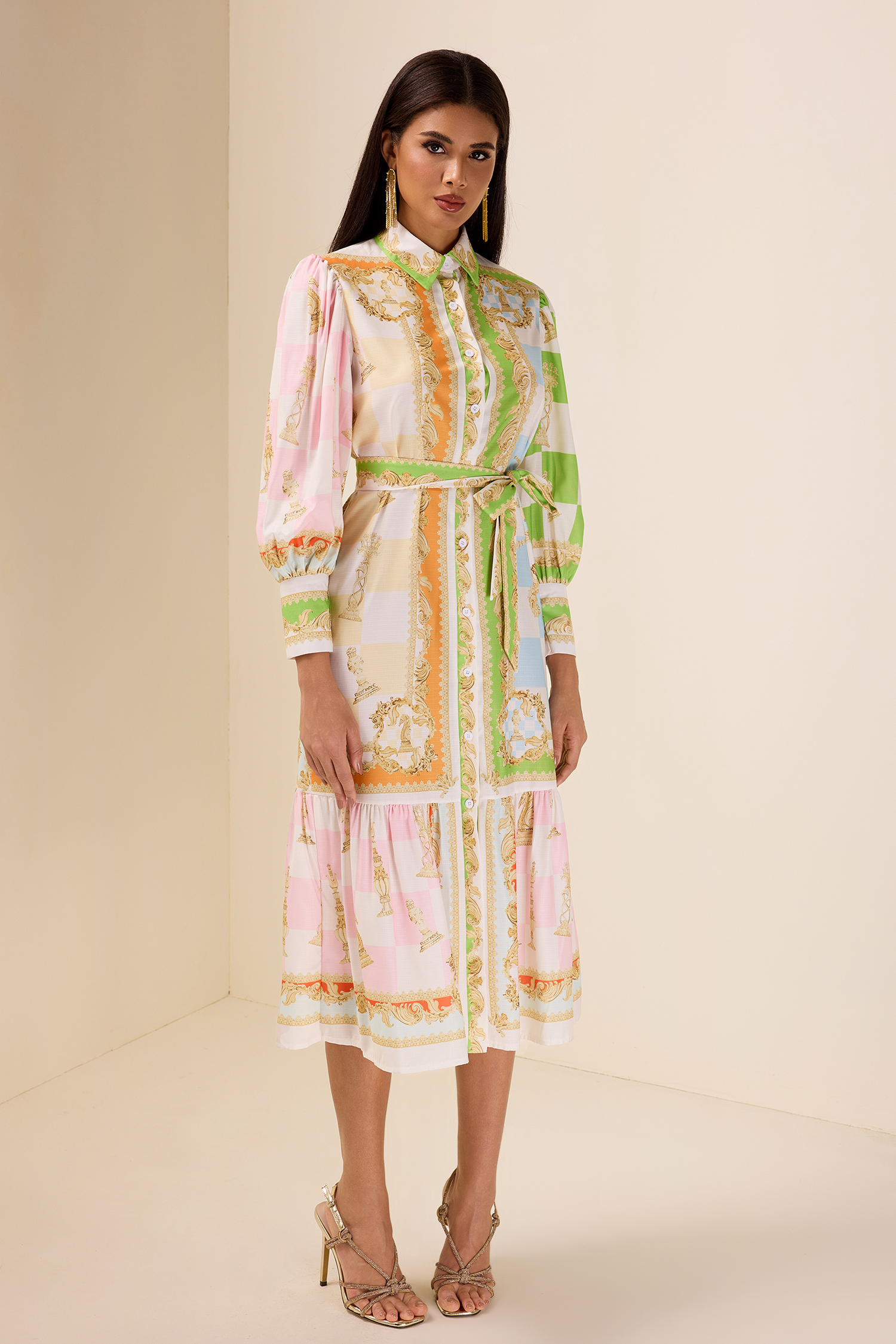 Patchwork Print Lantern Sleeve Midi Dress With Belt