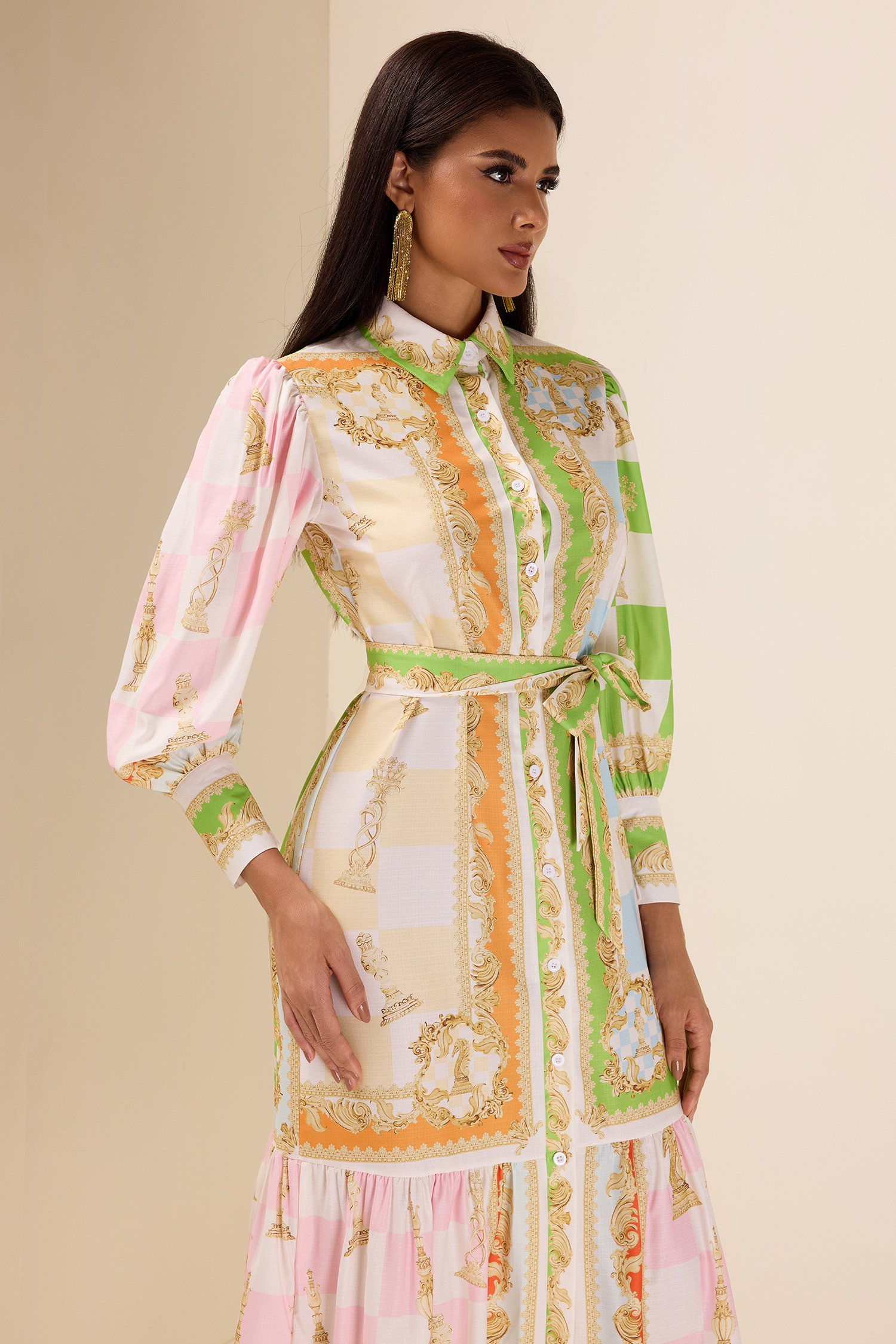 Patchwork Print Lantern Sleeve Midi Dress With Belt